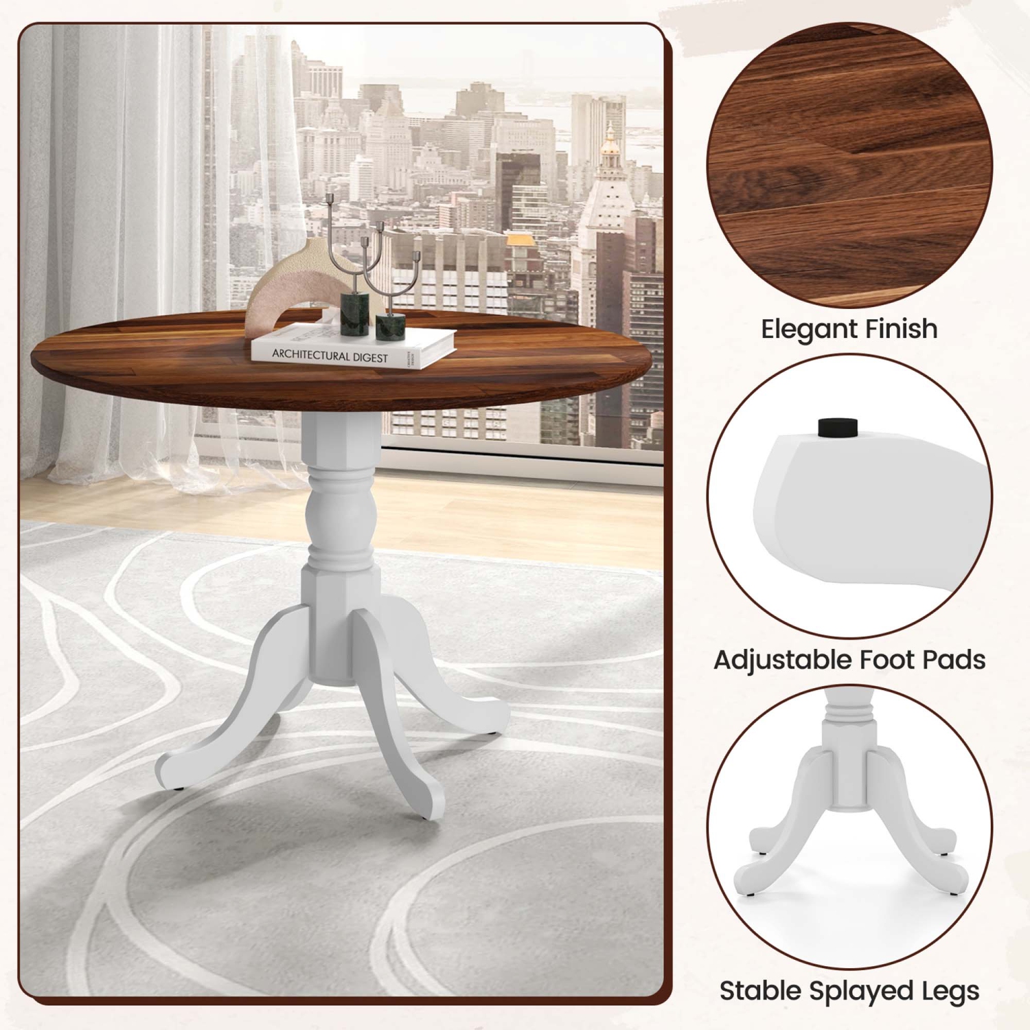 Costway Rustic Dining Table Wooden Dining Table with Round Tabletop & Curved Trestle Legs
