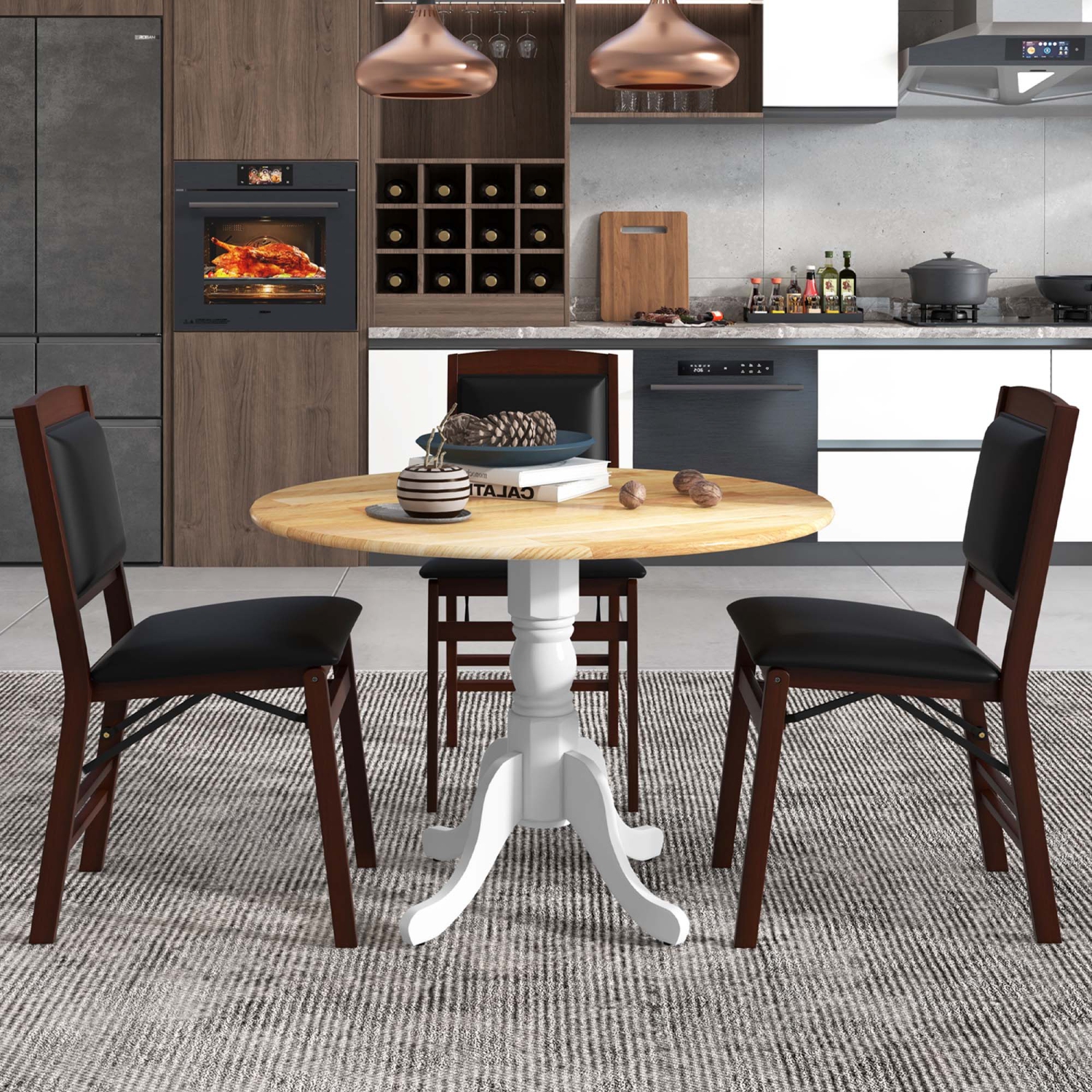 Costway Rustic Dining Table Wooden Dining Table with Round Tabletop & Curved Trestle Legs