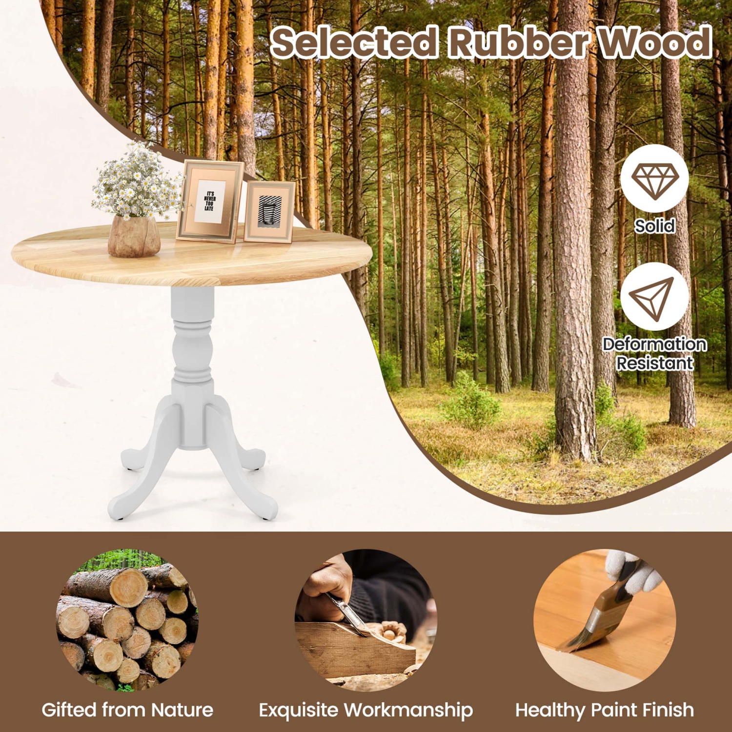 Costway Rustic Dining Table Wooden Dining Table with Round Tabletop & Curved Trestle Legs