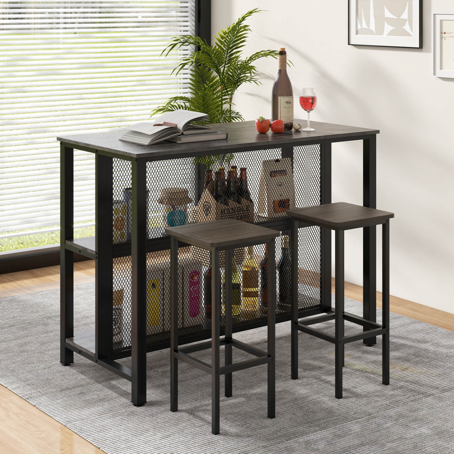 Costway 36" Tall 3-Tier Bar Table with Storage Metal Frame Adjustable Foot Pads