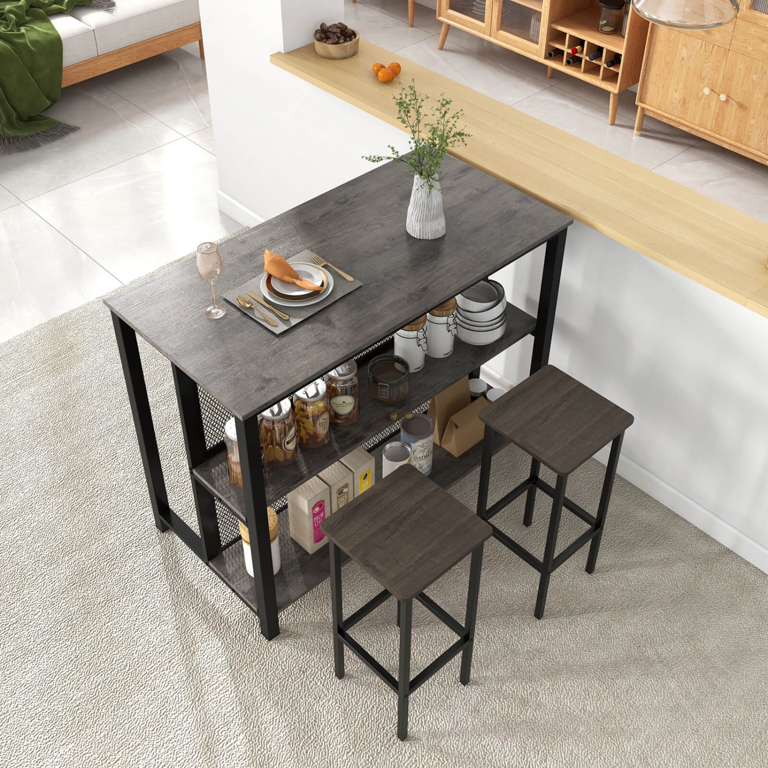 Costway 36" Tall 3-Tier Bar Table with Storage Metal Frame Adjustable Foot Pads
