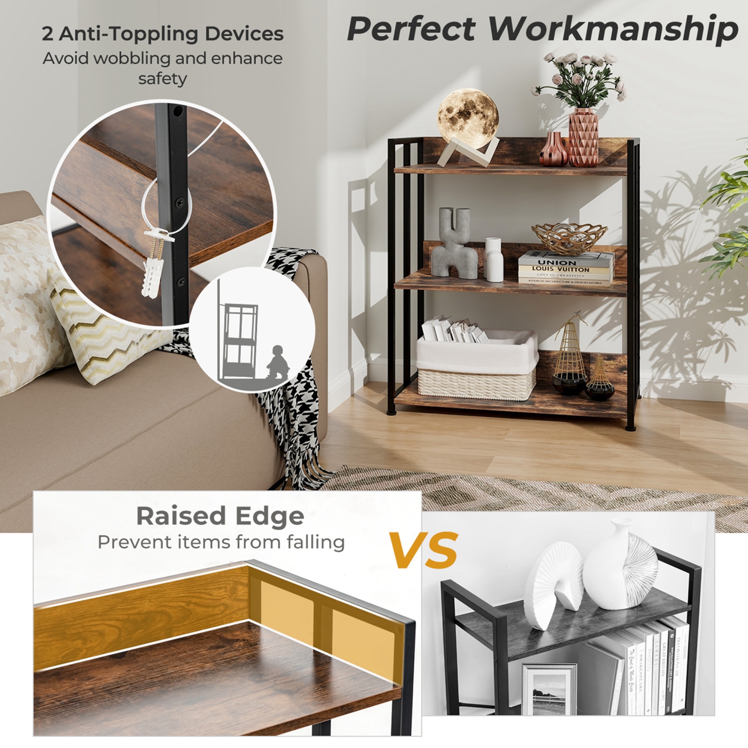 Bibliothèque en coin industrielle à 3 niveaux en métal avec tablettes réglables de Costway - Brun rustique