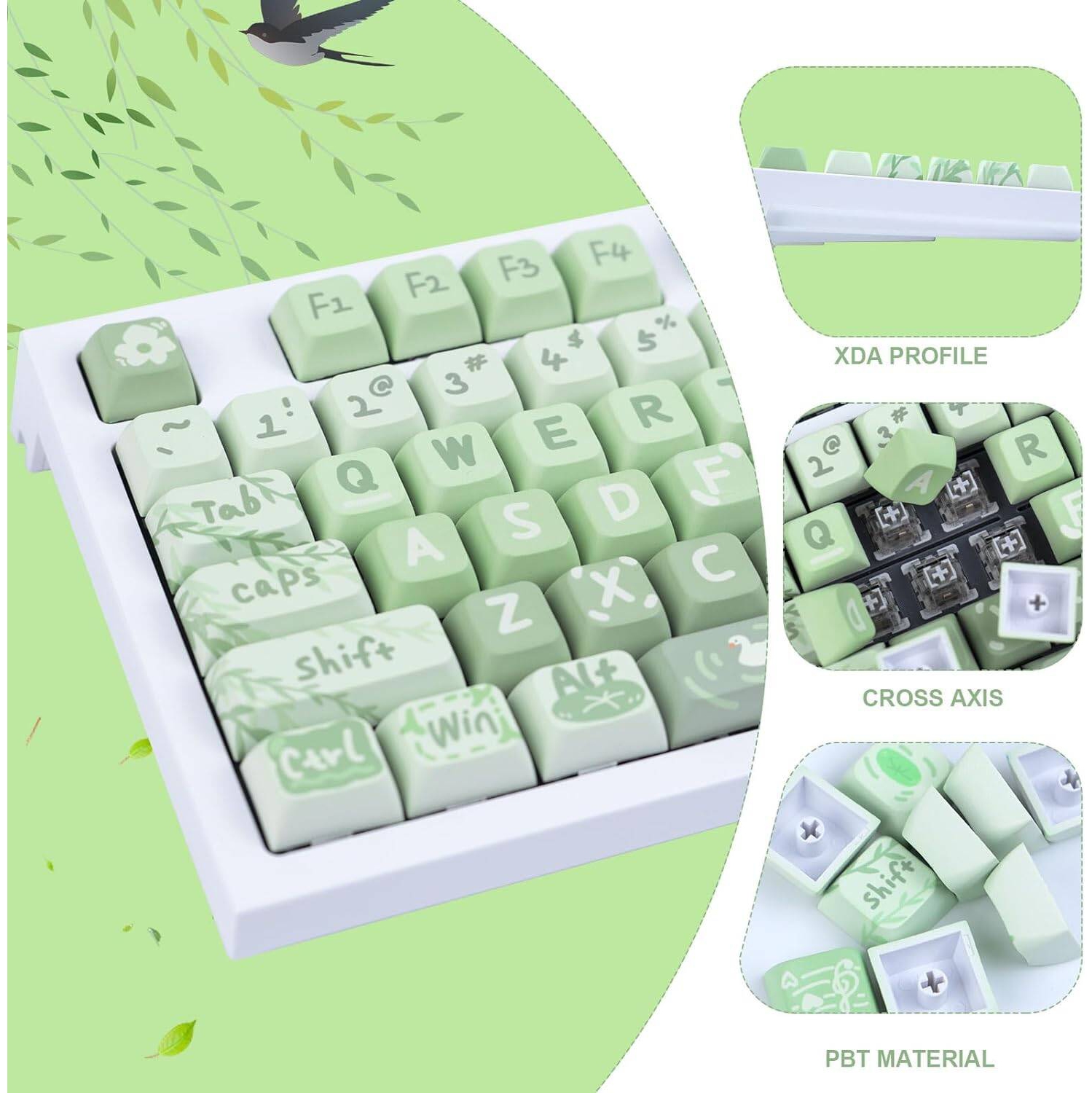 PBT Anime Keycaps 133 Keys, Matcha Green Keycaps Cute Keycaps XDA Profile Custom Keyboard Keycaps for 60/61/64/68/75/84/87/96/98/104/108 Mechanical