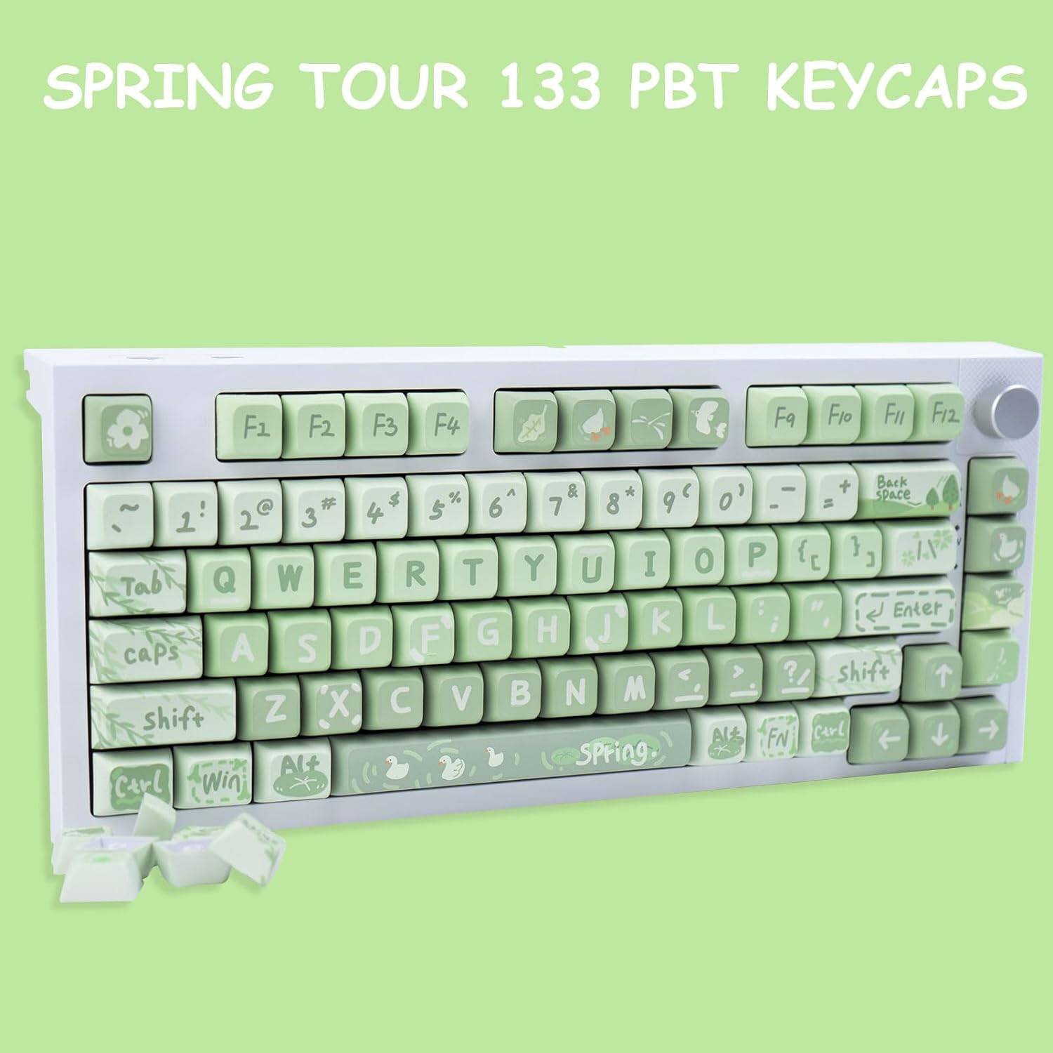 PBT Anime Keycaps 133 Keys, Matcha Green Keycaps Cute Keycaps XDA Profile Custom Keyboard Keycaps for 60/61/64/68/75/84/87/96/98/104/108 Mechanical