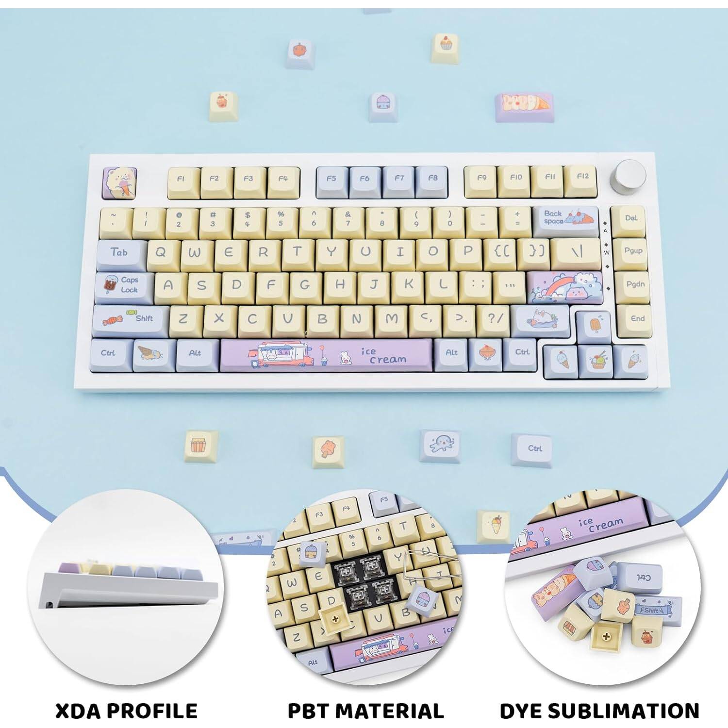PBT Keycaps 133 Keys XDA Profile Dye-Sub Keycaps Cute Keycaps Set, fit for 61/64/68/84/87/96/98 Cherry Mx Switches ISO ANSI Layout Mechanical Keyboard