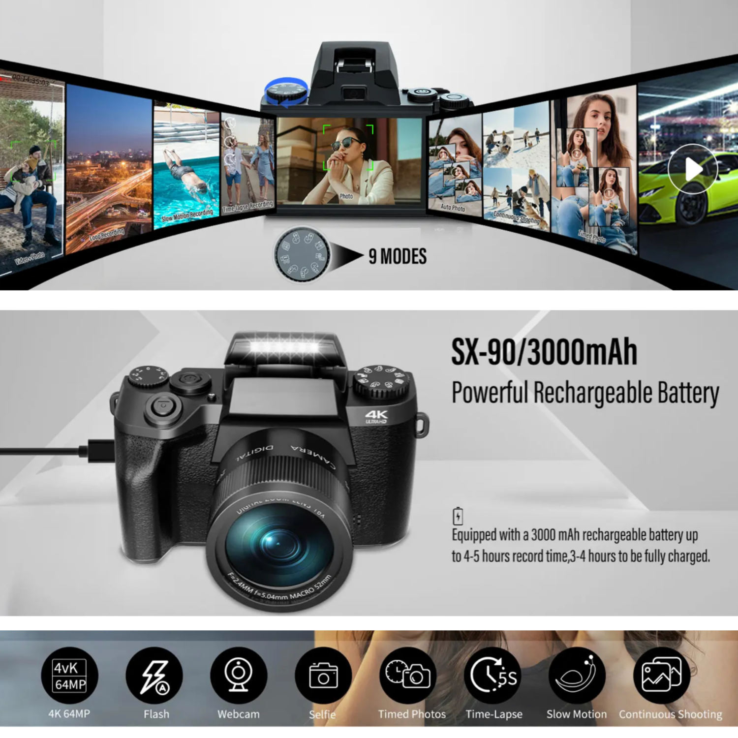 Appareil photo numérique TUTT 64&nbsp;Mpx| Sans miroir 4K/60&nbsp;images/s | Deux appareils photo pour égoportraits Vlogging W5 | Combo Premium +