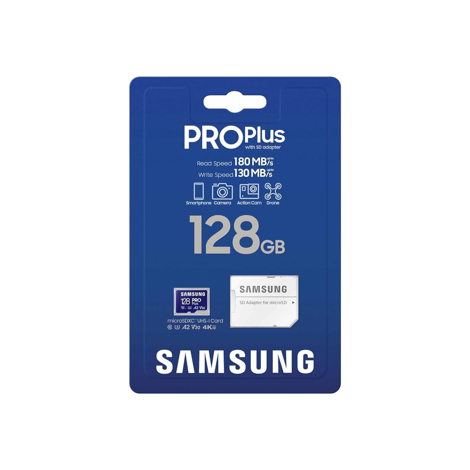 Samsung PRO Plus microSD Memory Card, 128 GB, UHS-I U3, Full HD & 4K UHD, 180 MB/s Read, 130 MB/s Write (2023)