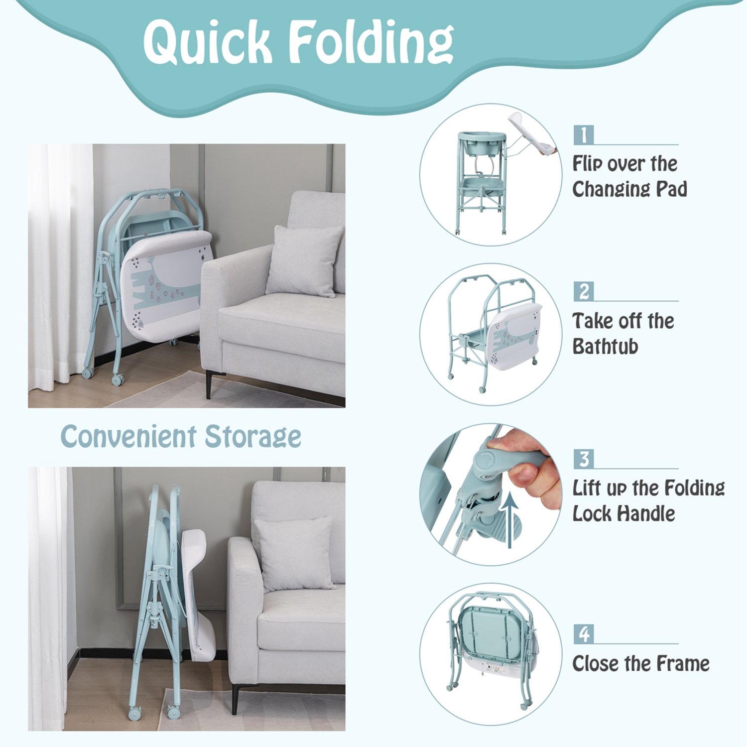 Table à langer avec baignoire repliable et station à couches portative avec roulettes de Babyjoy Baby