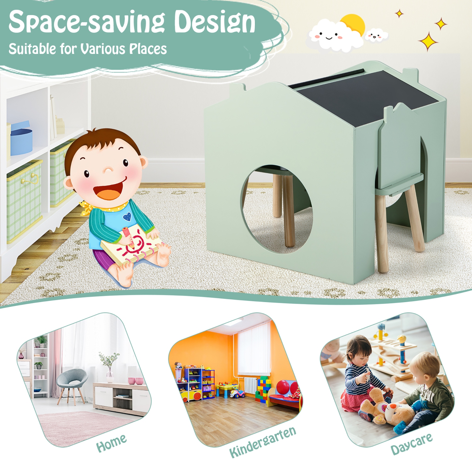 Costway 3 Piece Kids Wooden Table and Chair Set with Blackboard for Drawing Reading