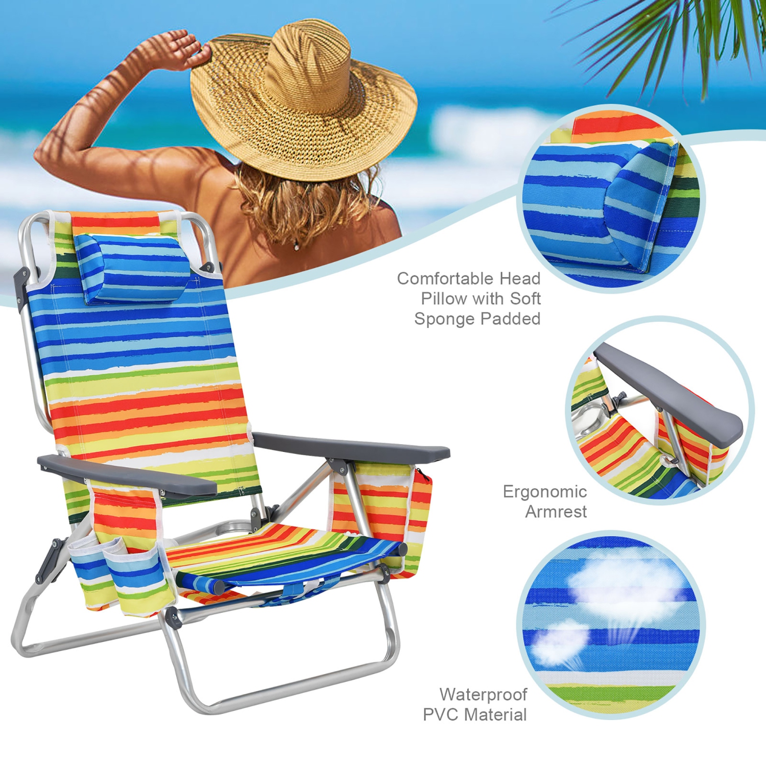 2-Pack Folding Backpack Beach Chair 5-Position Outdoor Reclining Chairs with Pillow