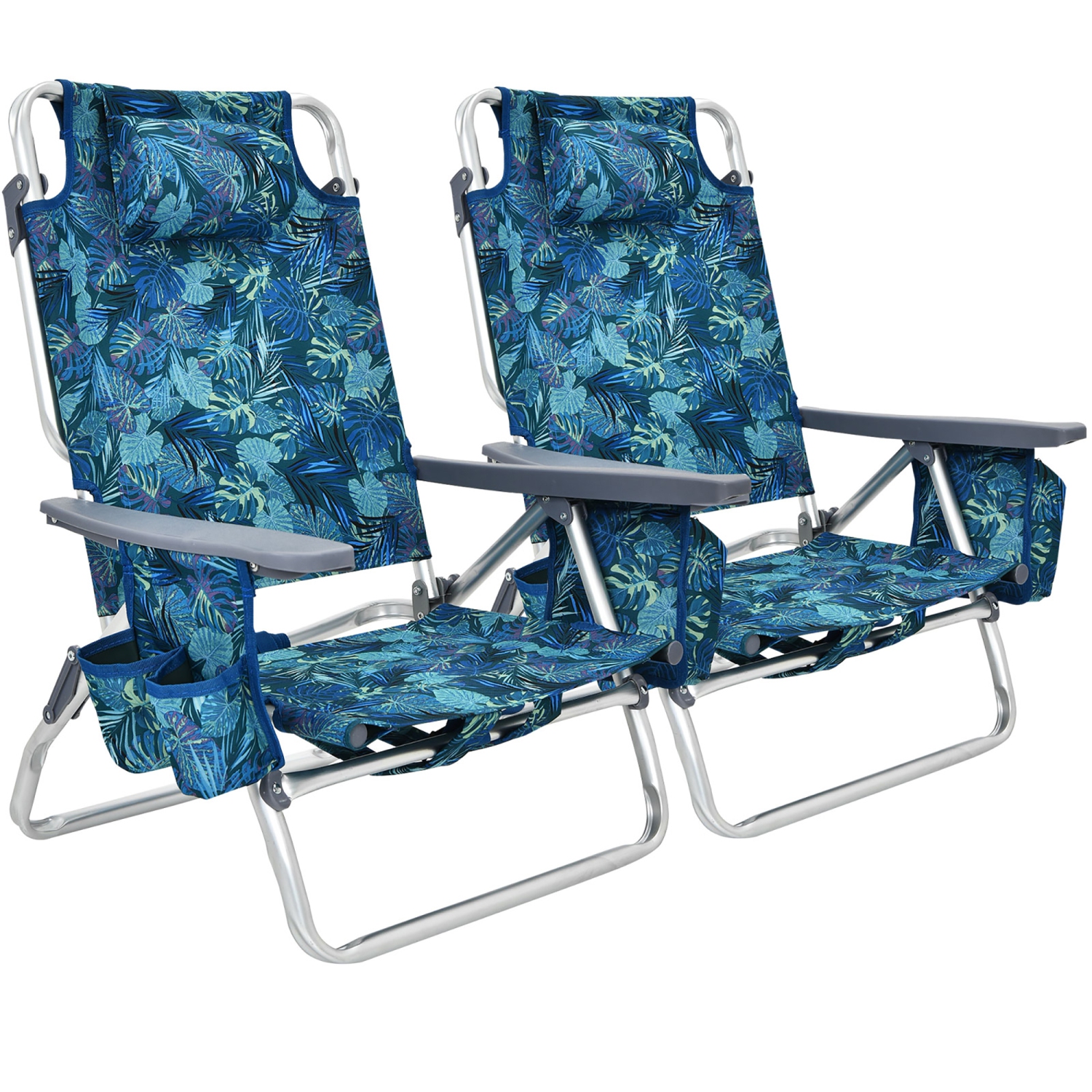 Ensemble de 2 chaises de plage inclinables 5 positions pour l'extérieur avec coussin et sac à dos pliant