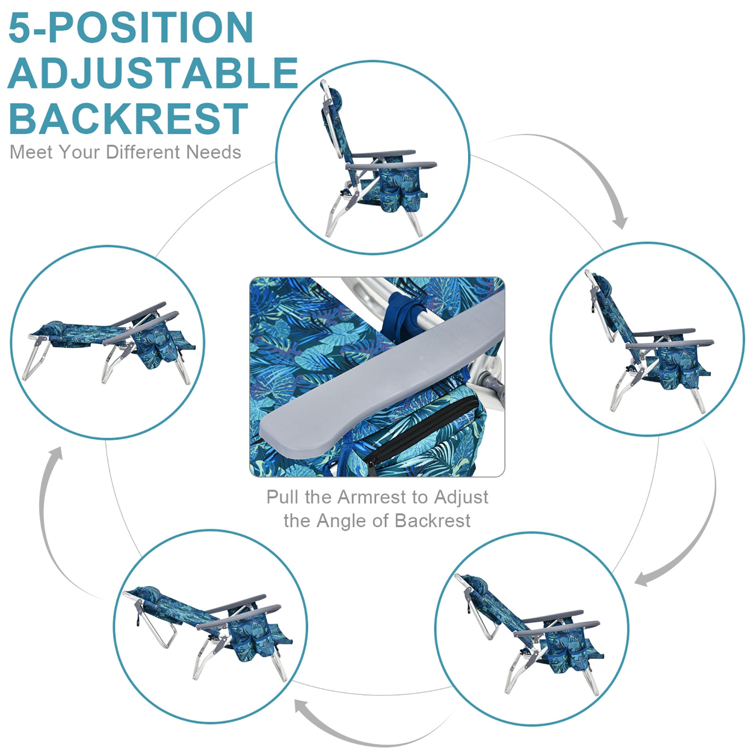 Ensemble de 2 chaises de plage inclinables 5 positions pour l'extérieur avec coussin et sac à dos pliant