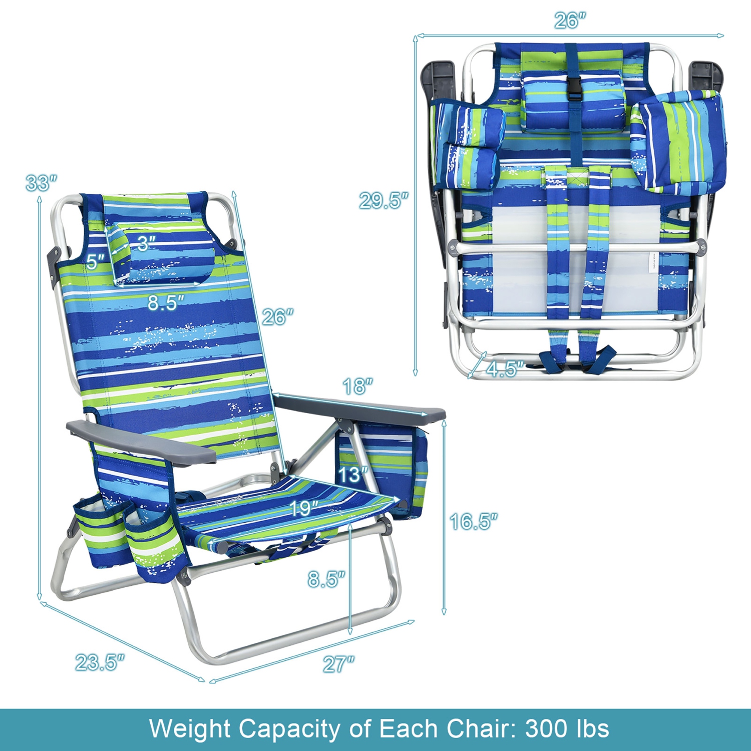 Ensemble de 2 chaises de plage inclinables 5 positions pour l'extérieur avec coussin et sac à dos pliant