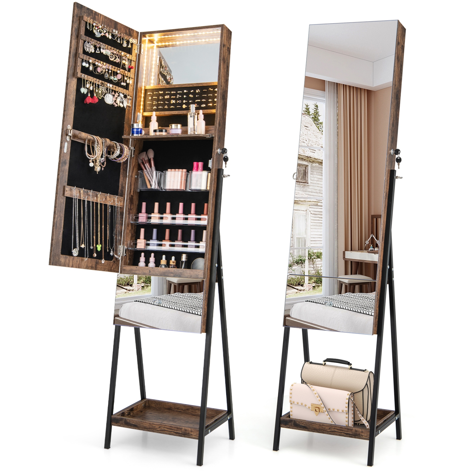Armoire à bijoux&nbsp;avec miroir pleine longueur et tiroir à 3 couleurs à DEL de Costway