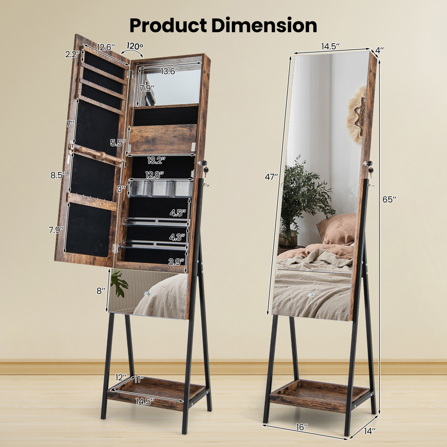 Armoire à bijoux&nbsp;avec miroir pleine longueur et tiroir à 3 couleurs à DEL de Costway