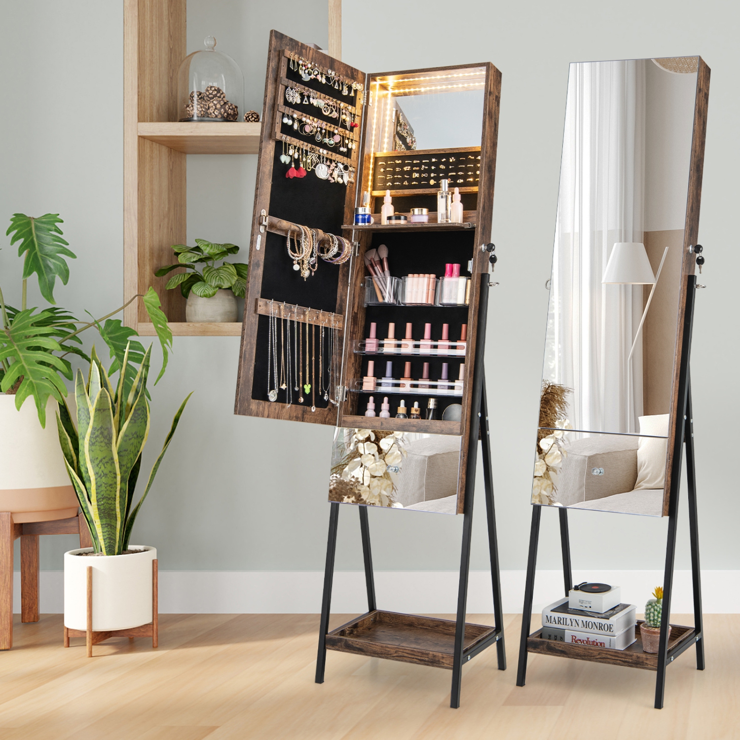 Armoire à bijoux&nbsp;avec miroir pleine longueur et tiroir à 3 couleurs à DEL de Costway