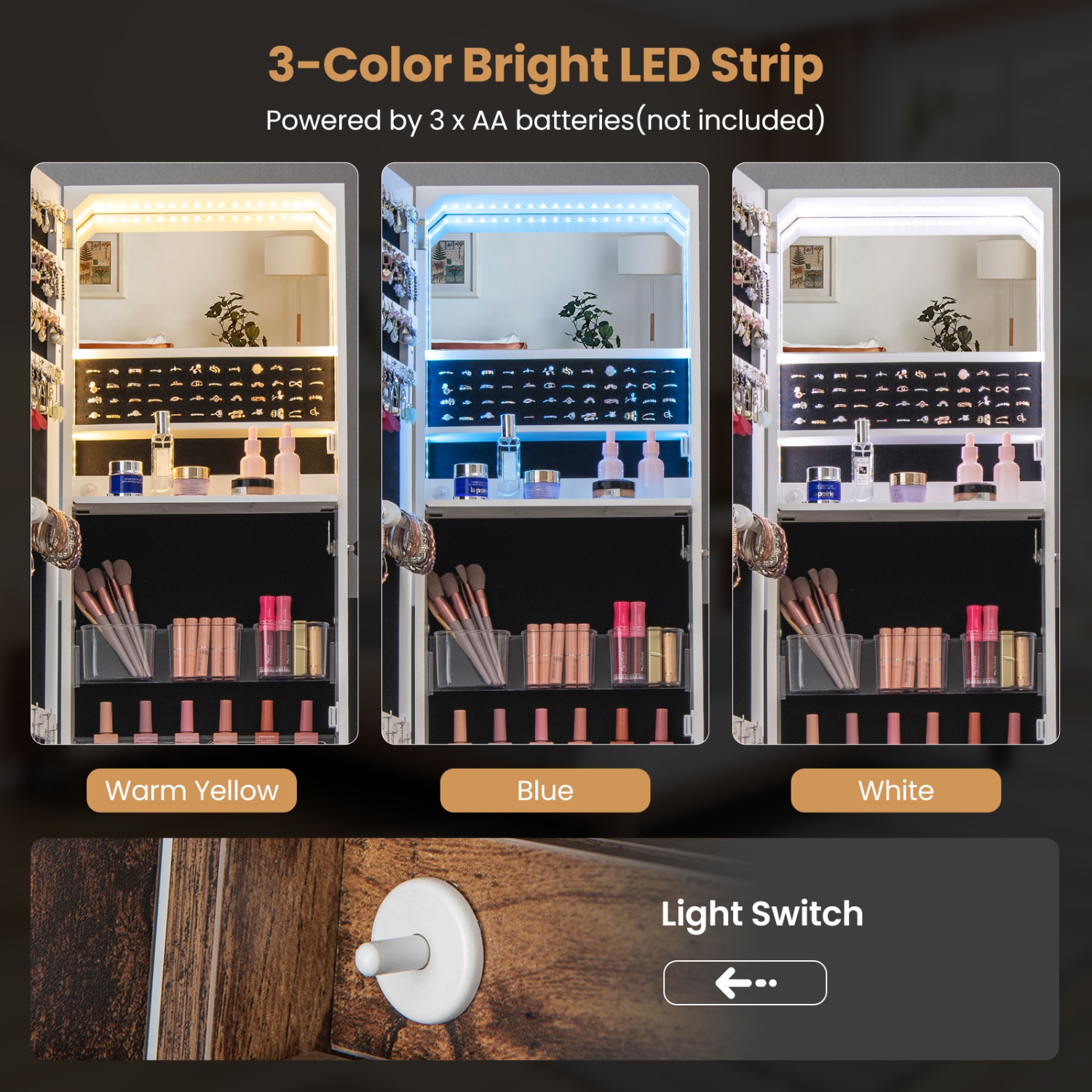 Armoire à bijoux&nbsp;avec miroir pleine longueur et tiroir à 3 couleurs à DEL de Costway