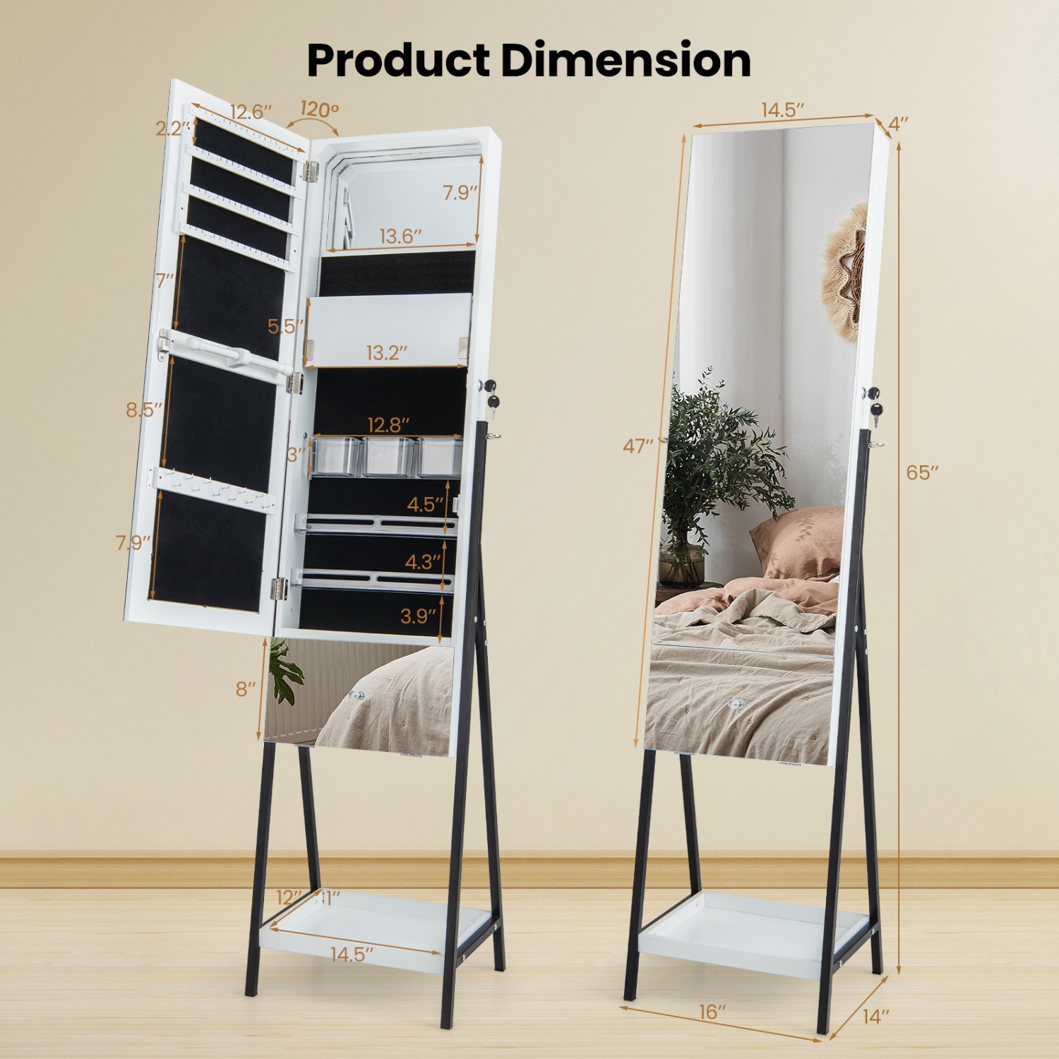 Armoire à bijoux&nbsp;avec miroir pleine longueur et tiroir à 3 couleurs à DEL de Costway