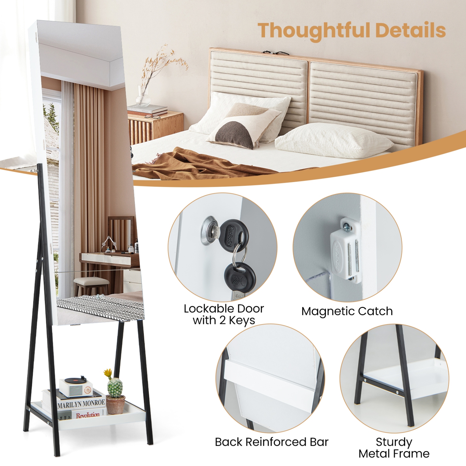 Armoire à bijoux&nbsp;avec miroir pleine longueur et tiroir à 3 couleurs à DEL de Costway