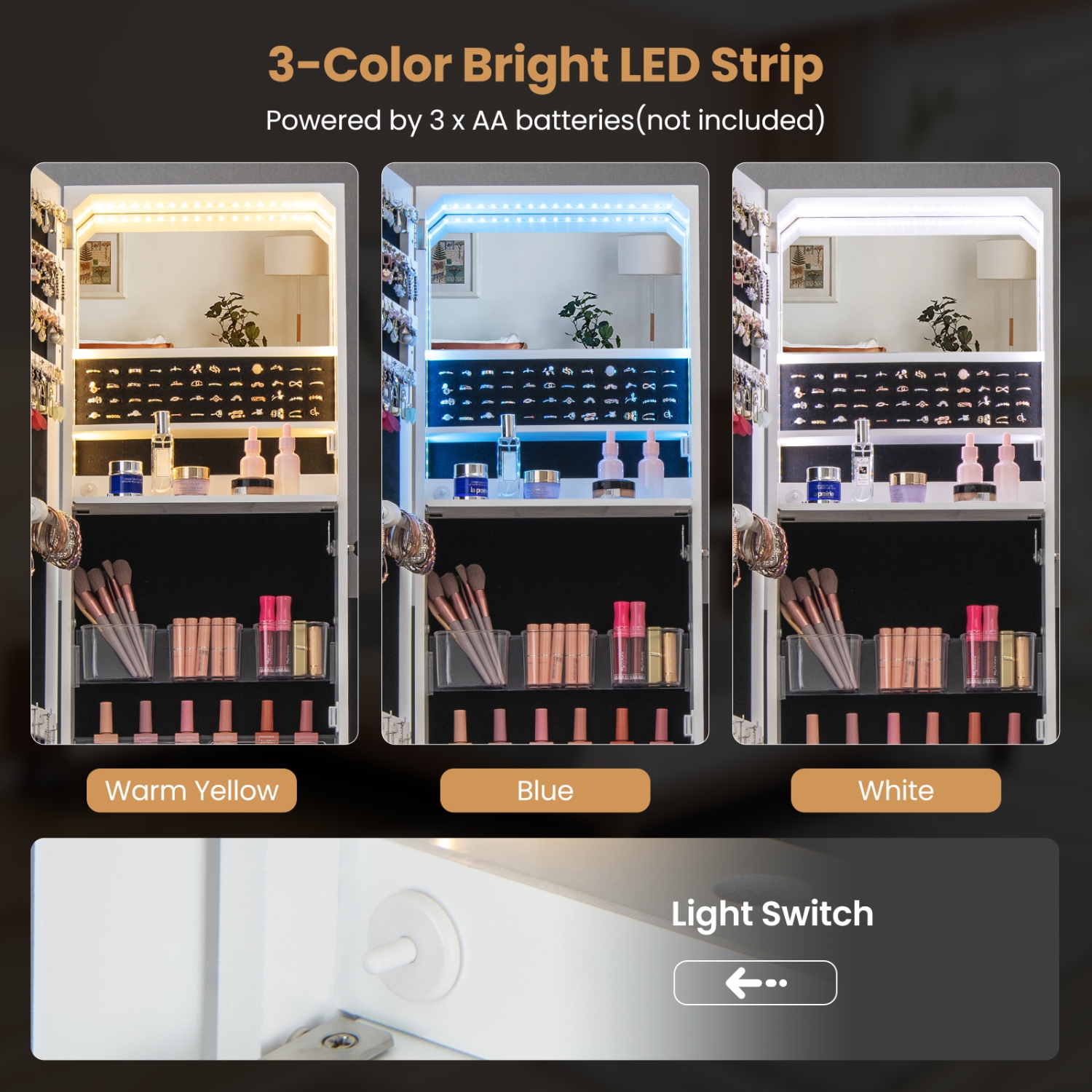 Armoire à bijoux&nbsp;avec miroir pleine longueur et tiroir à 3 couleurs à DEL de Costway