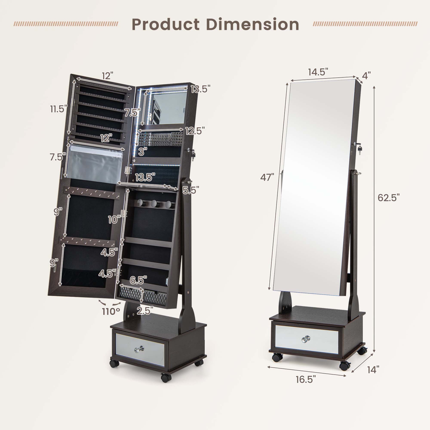 Armoire à bijoux de Costway à miroir pleine longueur verrouillable avec éclairage DEL à 3 couleurs