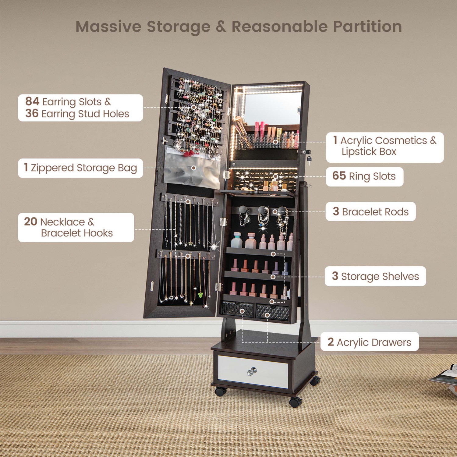 Armoire à bijoux de Costway à miroir pleine longueur verrouillable avec éclairage DEL à 3 couleurs