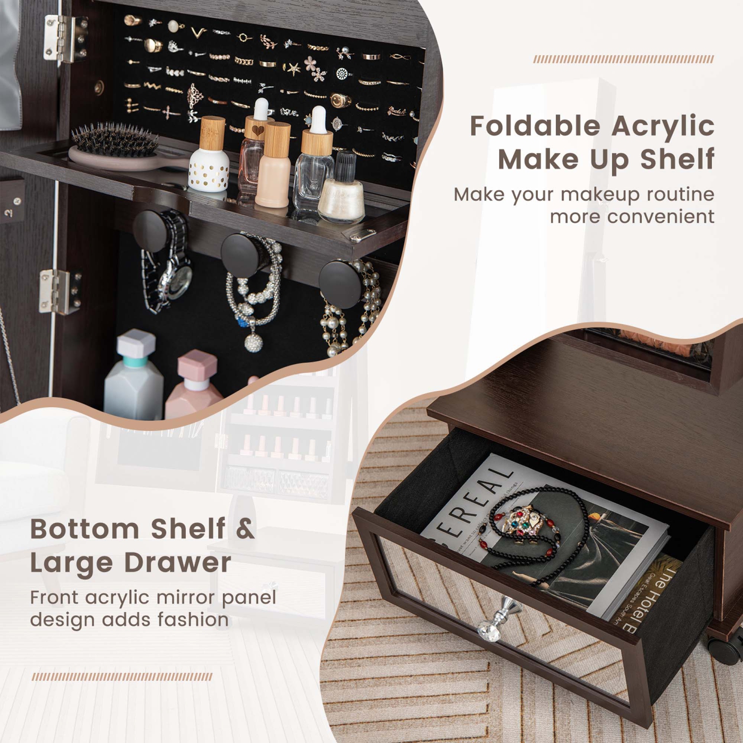 Armoire à bijoux de Costway à miroir pleine longueur verrouillable avec éclairage DEL à 3 couleurs