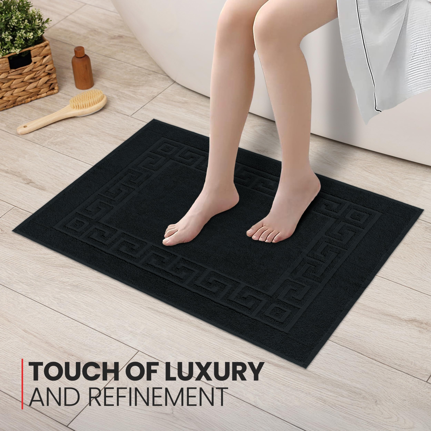 Canadian Linen Everest Bathmats, 2 Pack, 20"x30", Lightweight Plush Bath Mats Absorbent Cotton Spa Quick Dry Washable Tub with Greek Key Design, Black