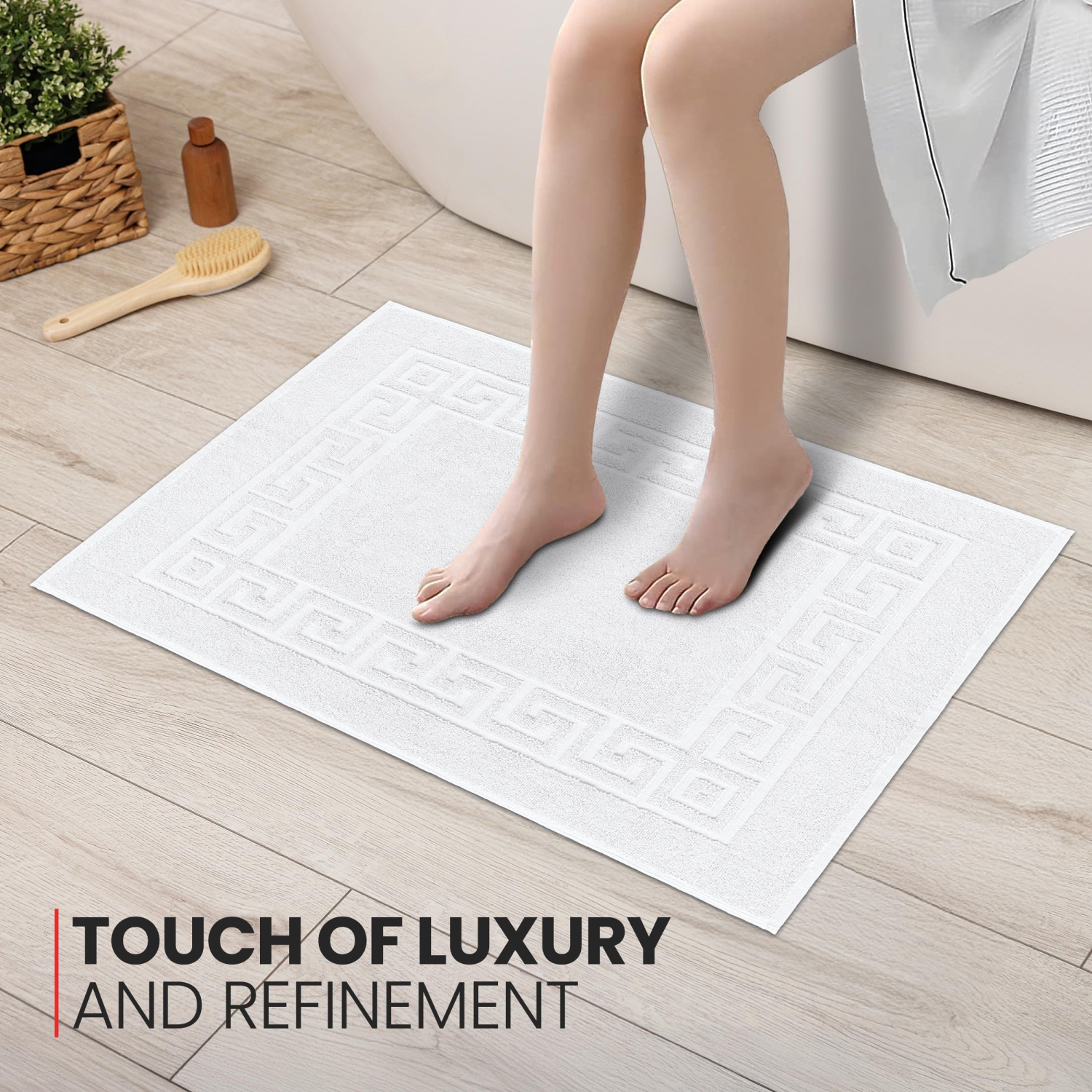 Canadian Linen Everest Bathmats, 2 Pack, 20"x30", Soft Absorbent Cotton Washable Lightweight Quick Dry Bathroom Tub Mats with Greek Key Design, White