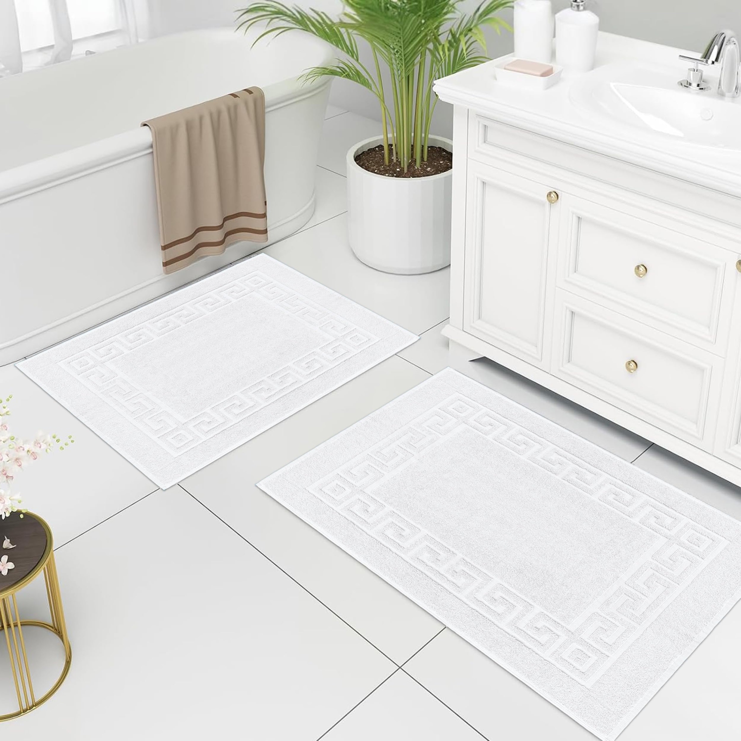 Canadian Linen Everest Bathmats, 2 Pack, 20"x30", Soft Absorbent Cotton Washable Lightweight Quick Dry Bathroom Tub Mats with Greek Key Design, White