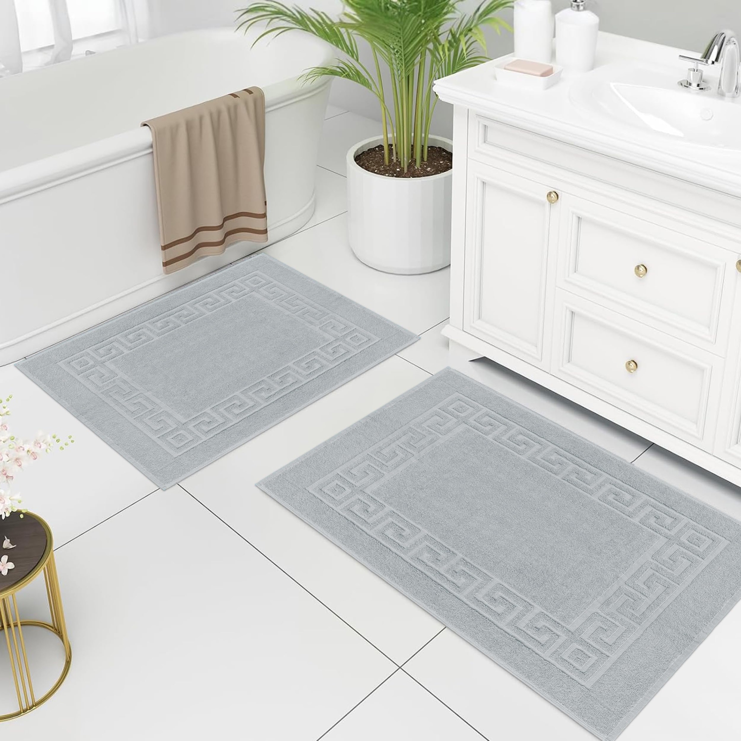 Canadian Linen Everest Bathmats, 2 Pack, 20"x30" Plush Bath Mat Washable Lightweight Quick Dry Soft Absorbent Cotton with Greek Key Design, Light Grey