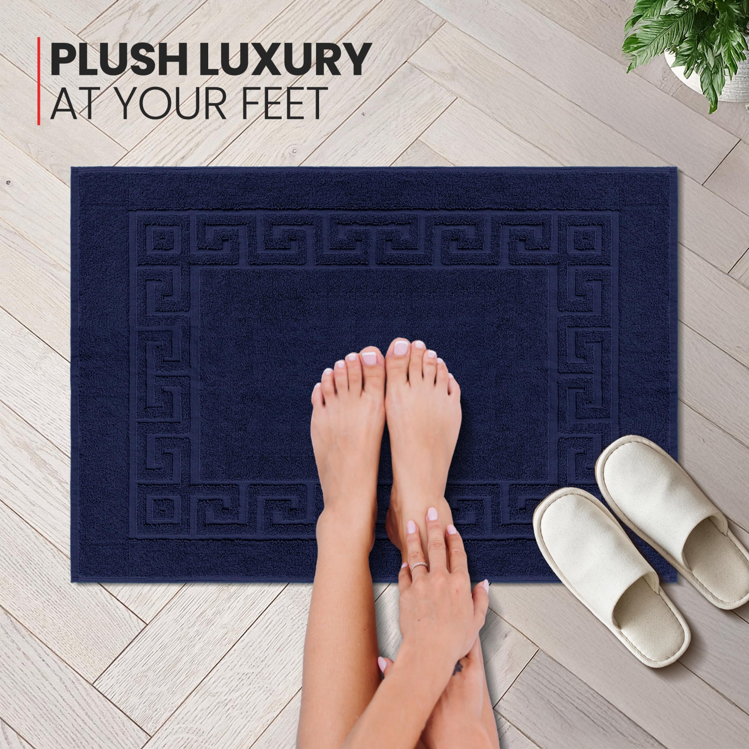 Canadian Linen Everest Bathmats, 2 Pack, 20"x30", Soft Absorbent Cotton Lightweight Quick Dry Washable Plush Bath Mat with Greek Key Design, Navy Blue