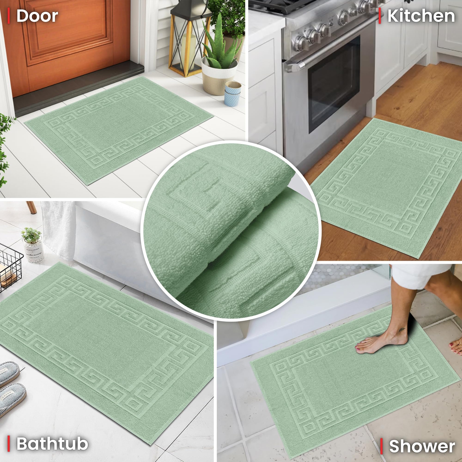 Canadian Linen Everest Bathmats, 2 Pack, 20"x30", Soft Absorbent Bath Mat Lightweight Quick Dry Washable Soft Shower with Greek Key Design, Sage Green