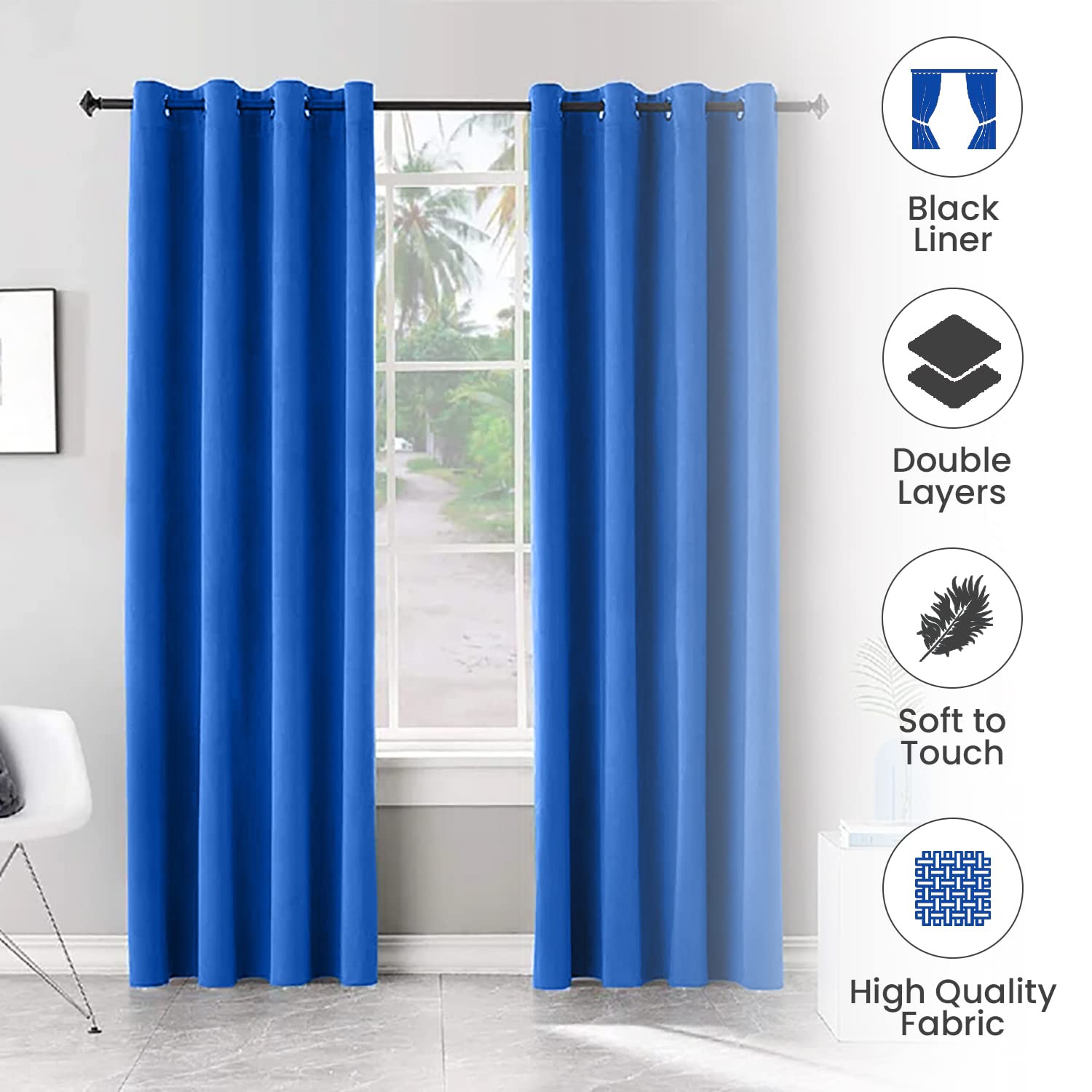 Rideau de fenêtre opaque en lin canadien, triple tissage, 52 2 larg. X 84 long., 3 couches de rideaux à anneaux en polyester sans bruit lavables, bleu