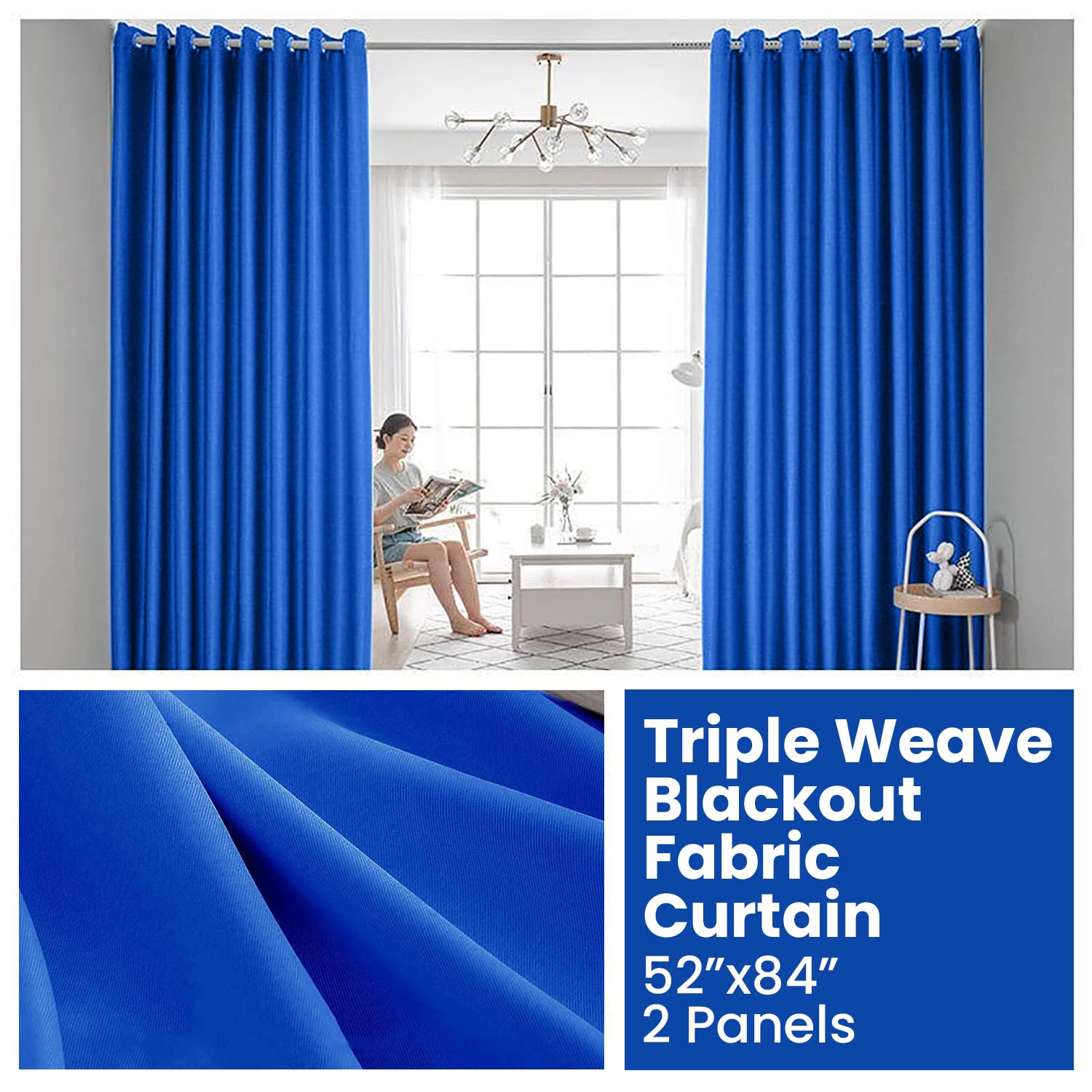 Rideau de fenêtre opaque en lin canadien, triple tissage, 52 2 larg. X 84 long., 3 couches de rideaux à anneaux en polyester sans bruit lavables, bleu