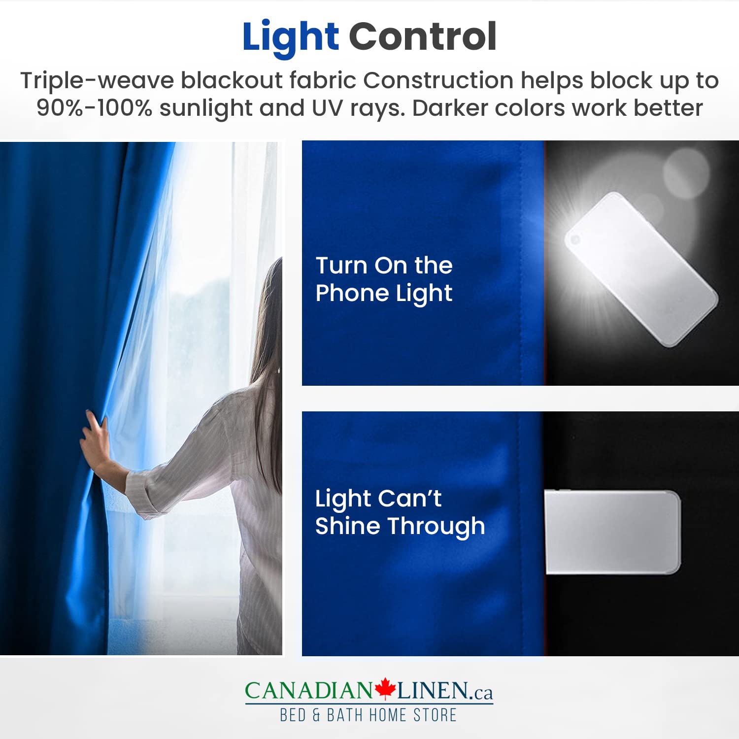 Rideau de fenêtre opaque en lin canadien, triple tissage, 52 2 larg. X 84 long., 3 couches de rideaux à anneaux en polyester sans bruit lavables, bleu