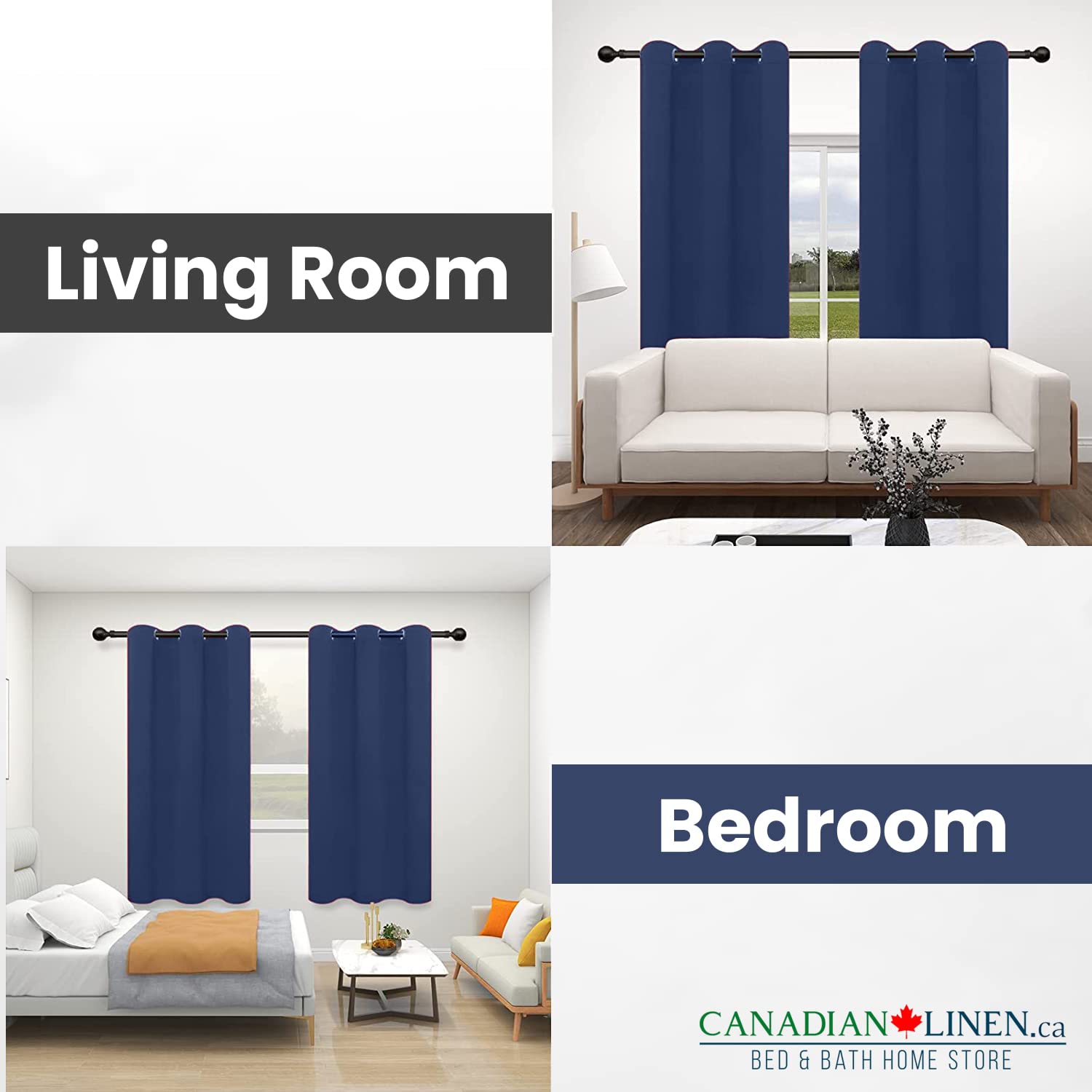 Rideau de fenêtre opaque en lin canadien, triple tissage, 52 larg. X 63 long., 3 couches, anti-lumière, 2 panneaux, anneaux en polyester lavables,