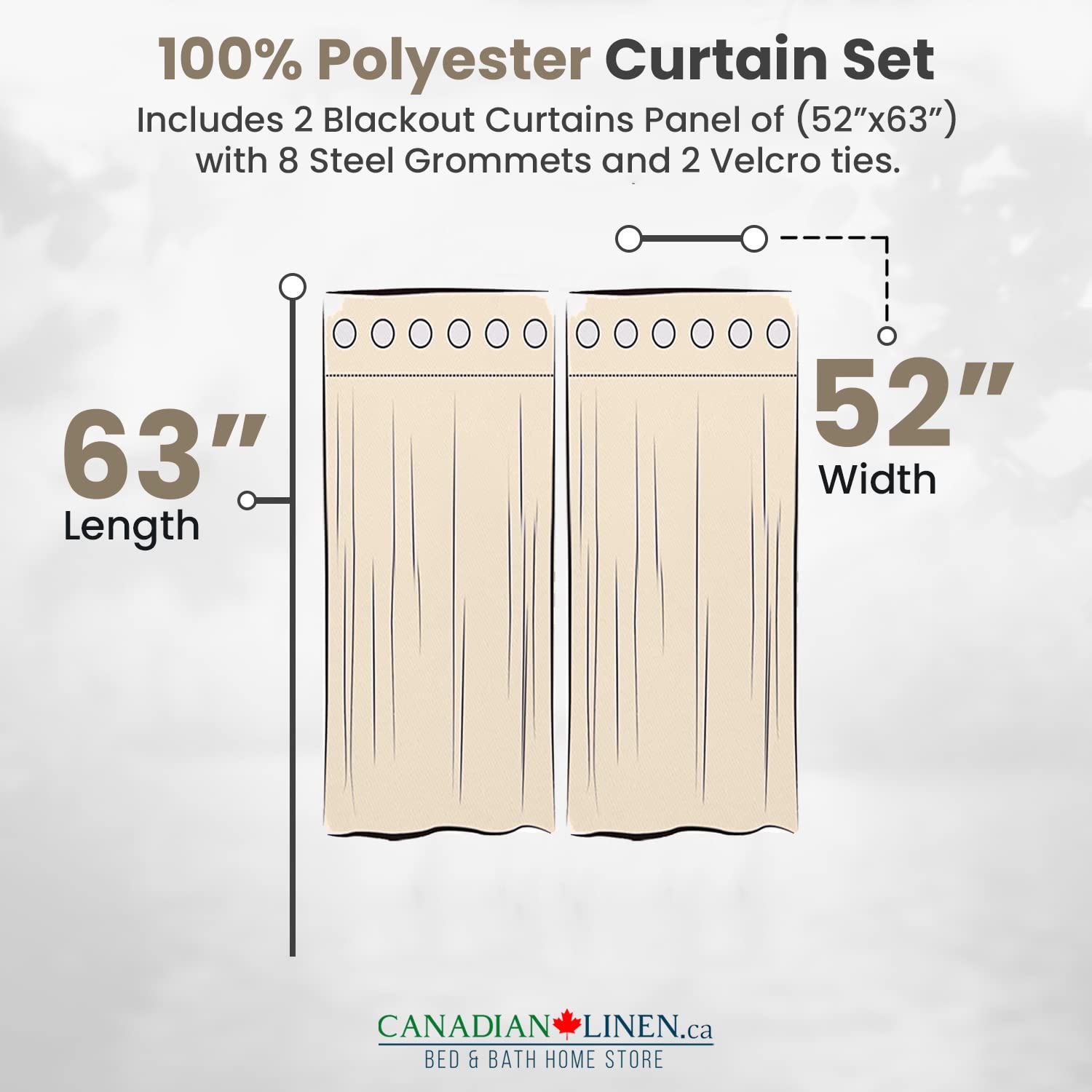 Canadian Linen Triple Weave Blackout Window Curtain, W 52" x L 63", 3 Layer Light Blocking 2 Panel No Noise Washable Polyester Ring Curtains, Beige
