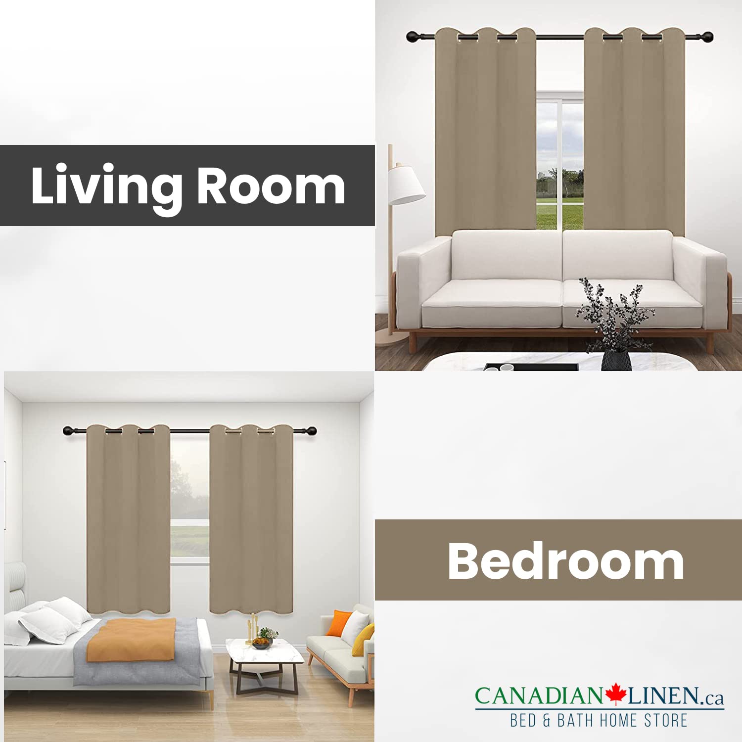 Canadian Linen Triple Weave Blackout Window Curtain, W 52" x L 63", 3 Layer Light Blocking 2 Panel No Noise Washable Polyester Ring Curtains, Beige