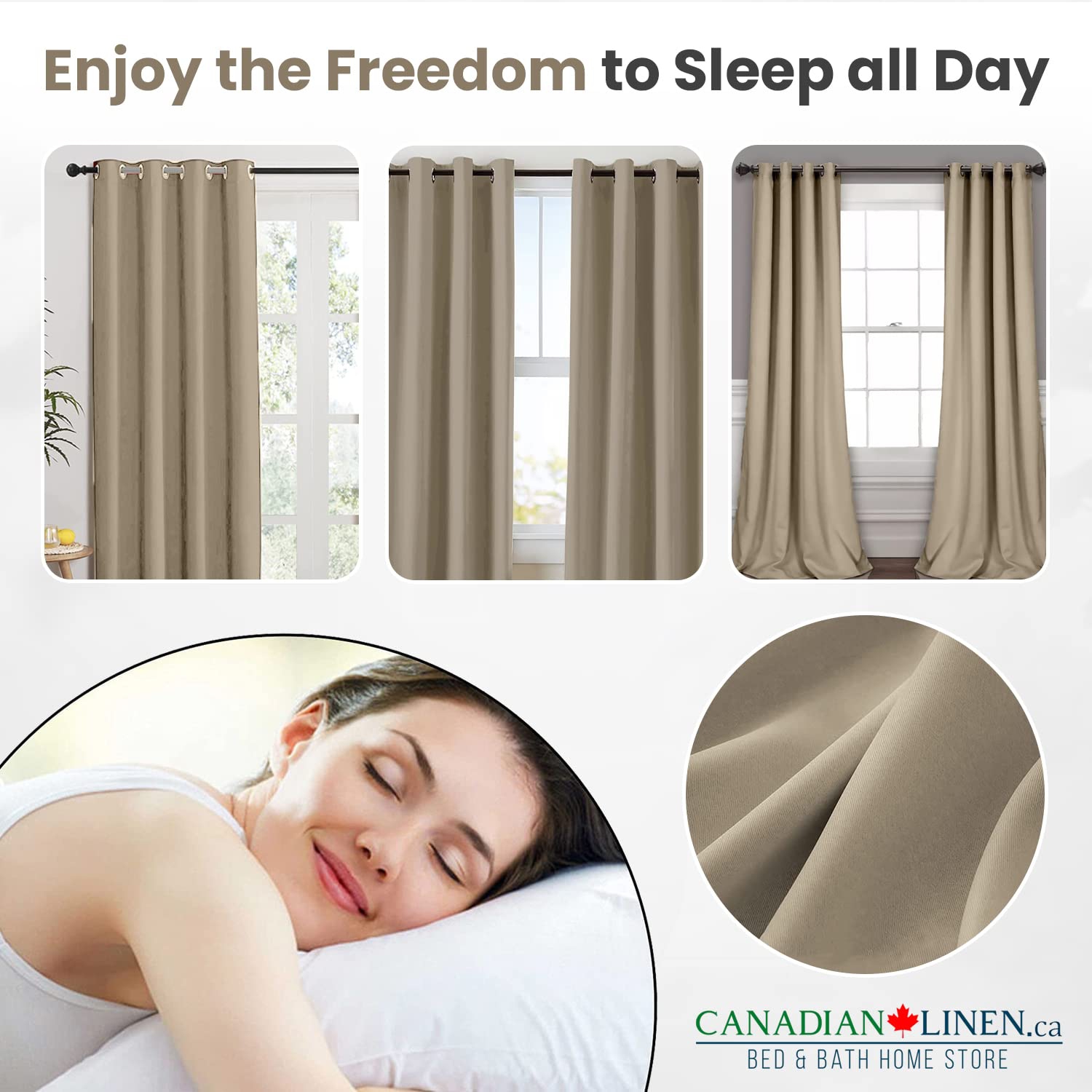 Canadian Linen Triple Weave Blackout Window Curtain, W 52" x L 63", 3 Layer Light Blocking 2 Panel No Noise Washable Polyester Ring Curtains, Beige