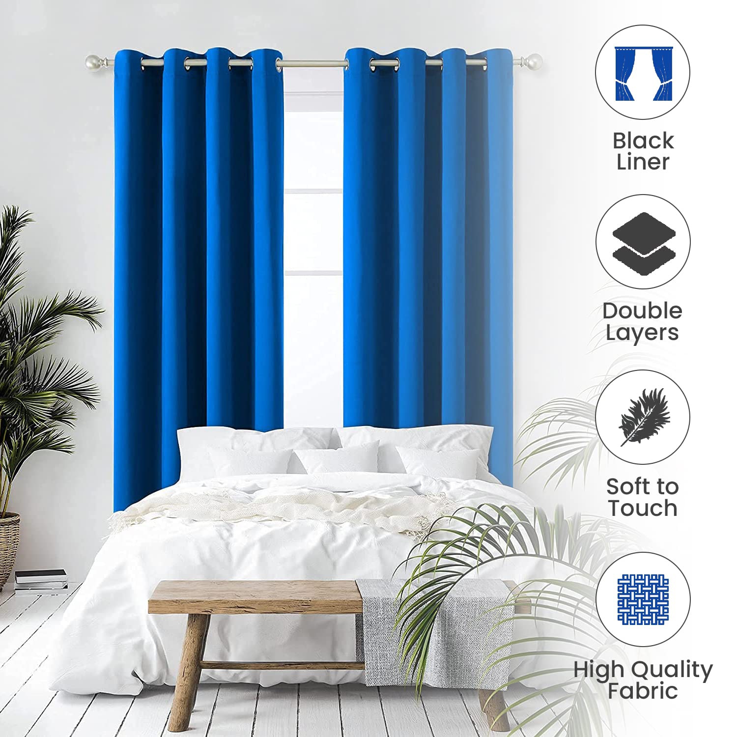 Canadian Linen Triple Weave Blackout Window Curtain, W 52" x L 63", 3 Layer Light Blocking 2 Panel No Noise Washable Polyester Ring Curtains, Blue