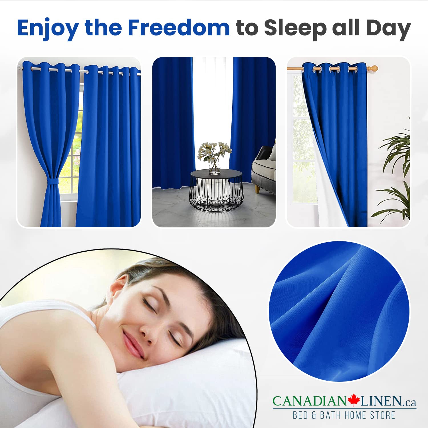 Canadian Linen Triple Weave Blackout Window Curtain, W 52" x L 63", 3 Layer Light Blocking 2 Panel No Noise Washable Polyester Ring Curtains, Blue