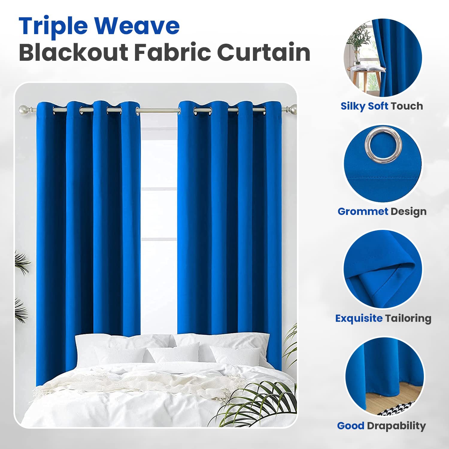 Canadian Linen Triple Weave Blackout Window Curtain, W 52" x L 63", 3 Layer Light Blocking 2 Panel No Noise Washable Polyester Ring Curtains, Blue