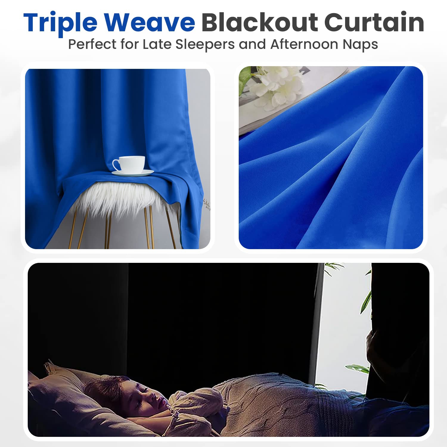 Canadian Linen Triple Weave Blackout Window Curtain, W 52" x L 63", 3 Layer Light Blocking 2 Panel No Noise Washable Polyester Ring Curtains, Blue