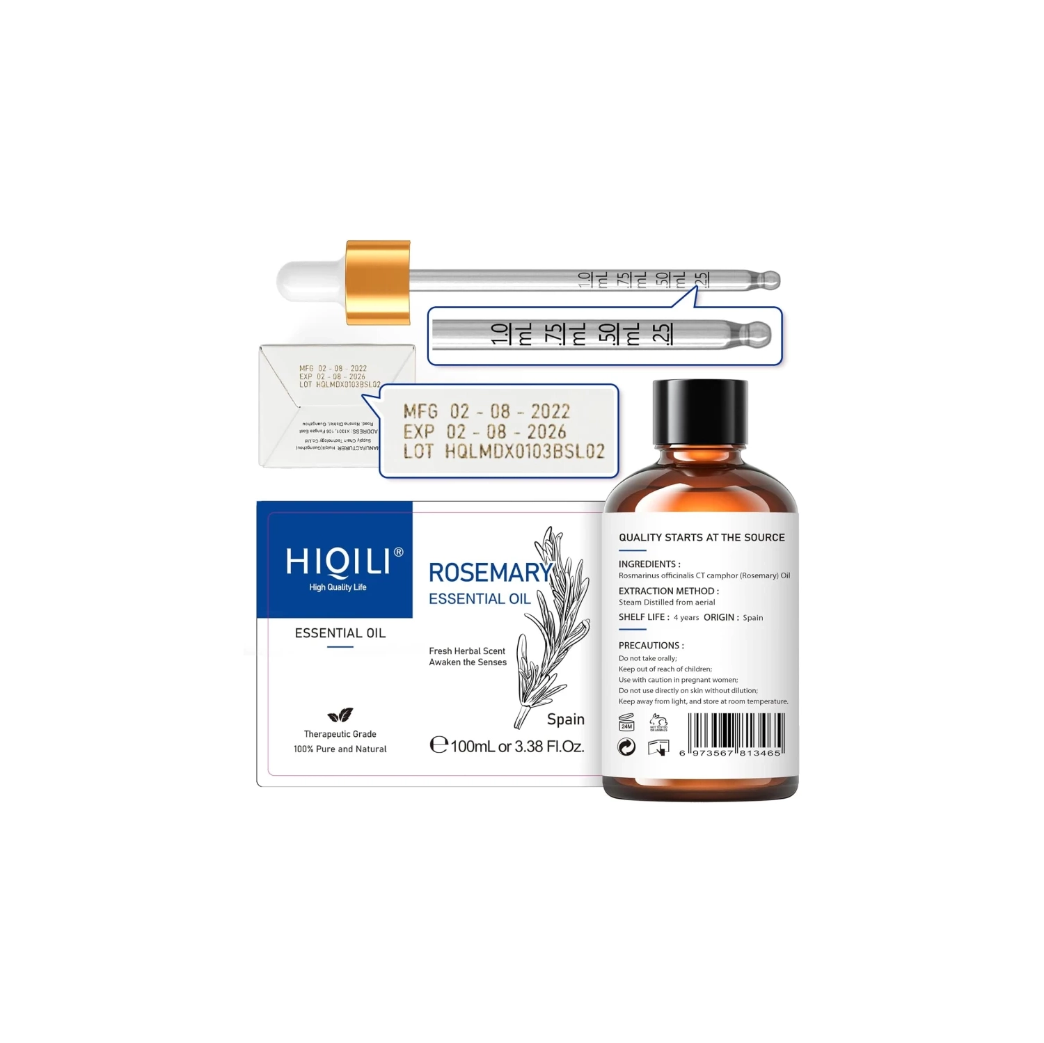 Huile essentielle de romarin 100ML - 100% Pure Natural avec pipette en verre de qualité supérieure pour diffuseur et humidificateur