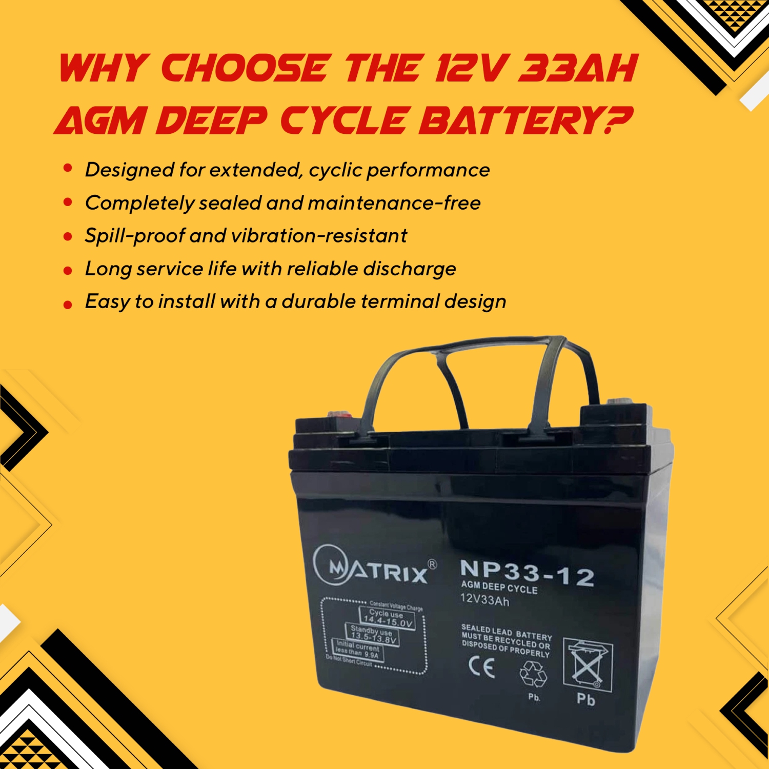 33AH AGM Deep Cycle Battery, Reliable 12V Battery for Motorcycles, Bikes, and More