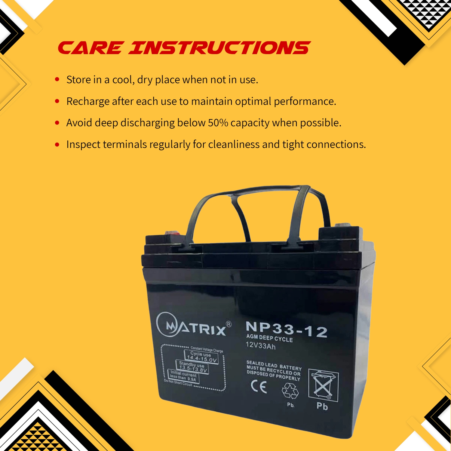 33AH AGM Deep Cycle Battery, Reliable 12V Battery for Motorcycles, Bikes, and More