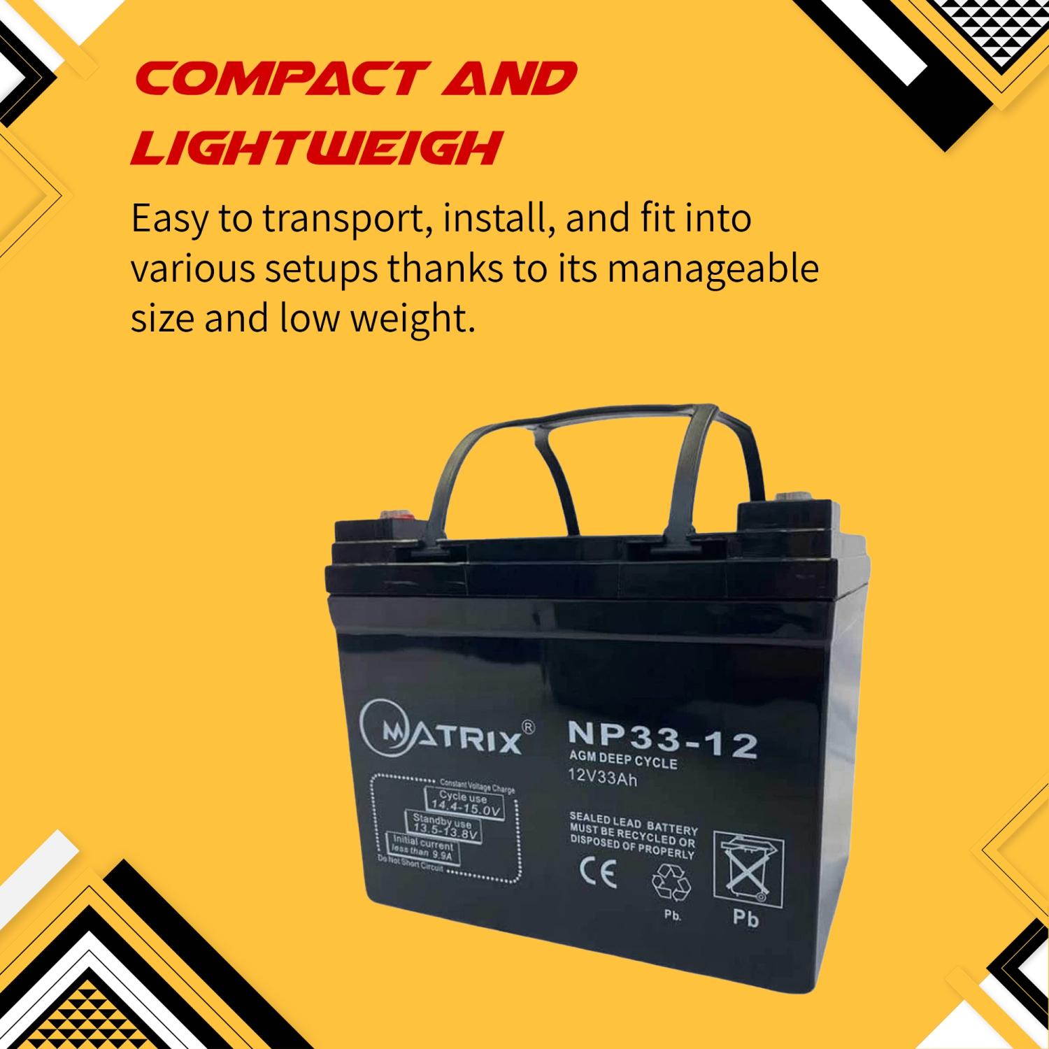 33AH AGM Deep Cycle Battery, Reliable 12V Battery for Motorcycles, Bikes, and More