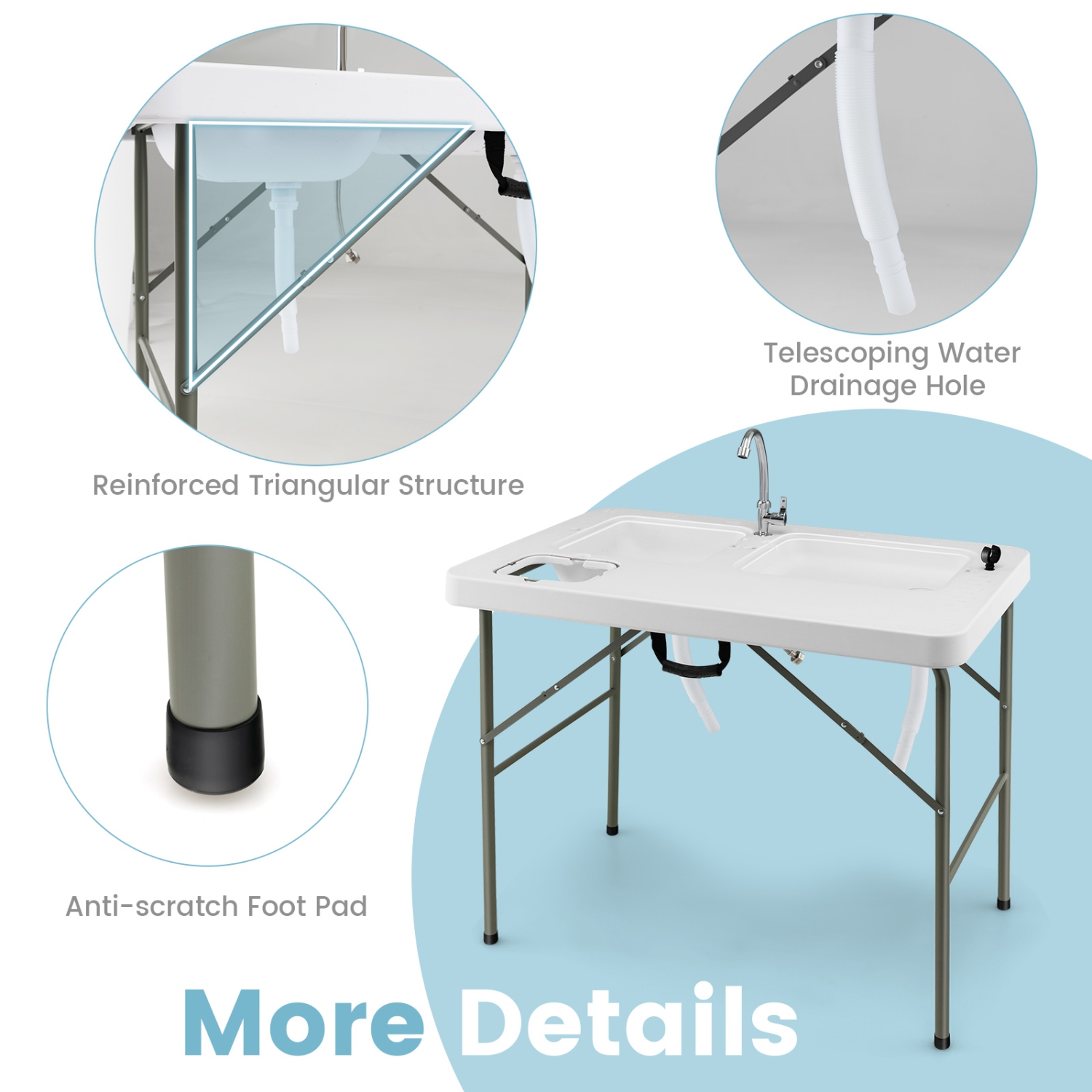 Table de nettoyage pliante pour poissons de Costway avec 2 éviers intégrés et robinet pivotant à 360°