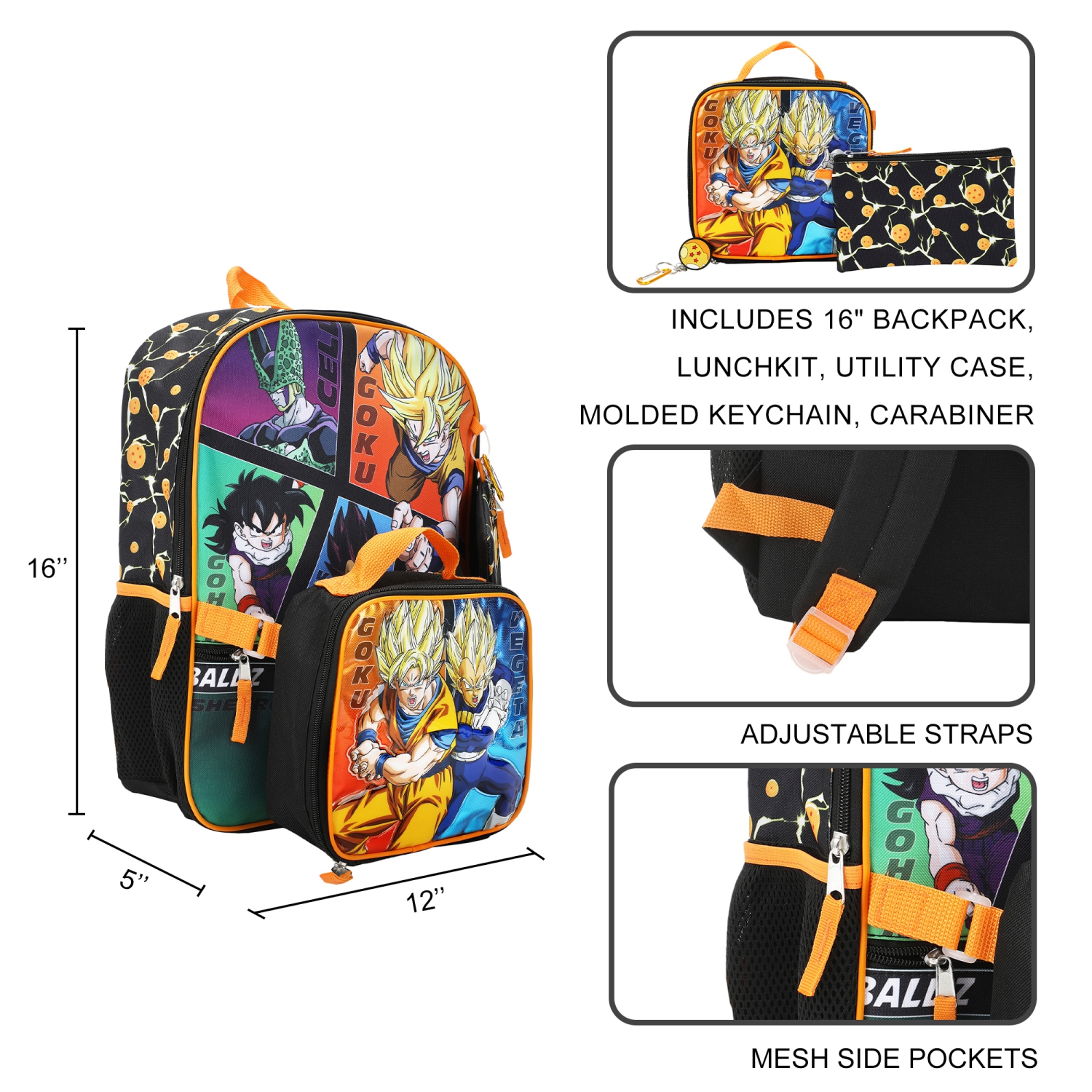 Ensemble 5 pièces sac à dos et sac-repas pour enfants Dragon Ball Z action Shot, 16 po